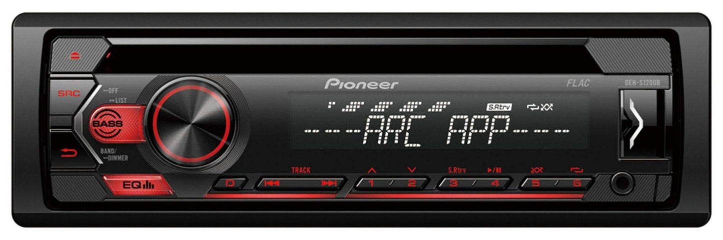 Autoradio Pioneer DEH-S120UB 1-DIN RDS ar sarkanu taustiņu apgaismojumu, baltu displeju, Android atbalstu, 5 joslu ekvalaizeru, CD, MP3, USB, AUX ieeju, ARC App