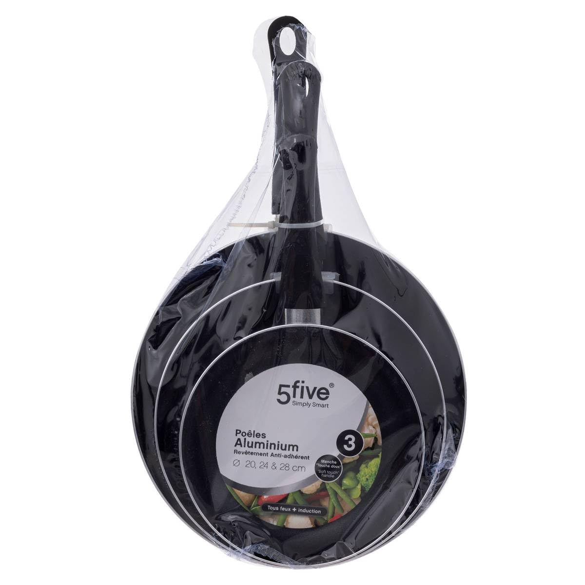5five 3-piece aluminum frying pan set - 20cm, 24cm, 28cm, lightweight, durable, non-stick cooking surface.