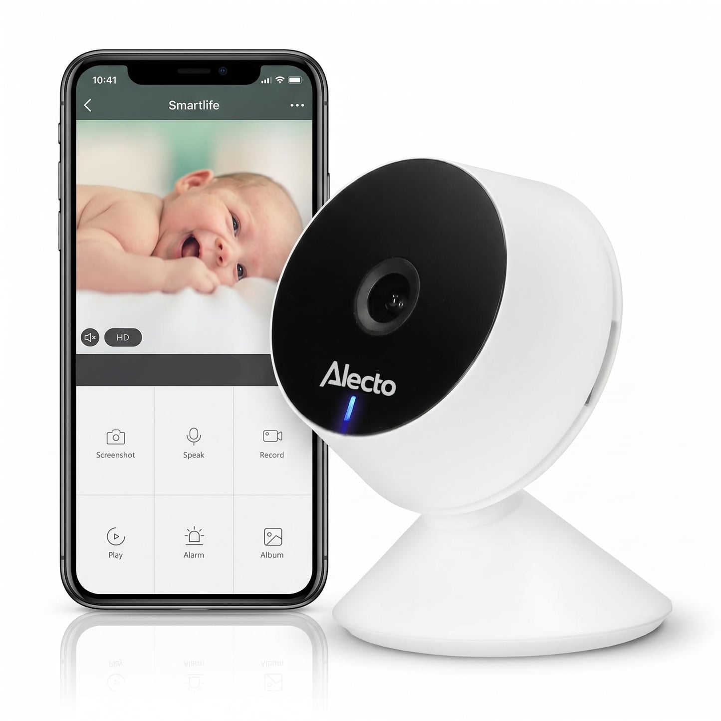 Alecto Smartbaby5 bērnu monitors ar kameru, Wi-Fi, divvirzienu saziņa, infrasarkanā nakts redzamība, kustību sensors, lietotnes vadība, HD, balts