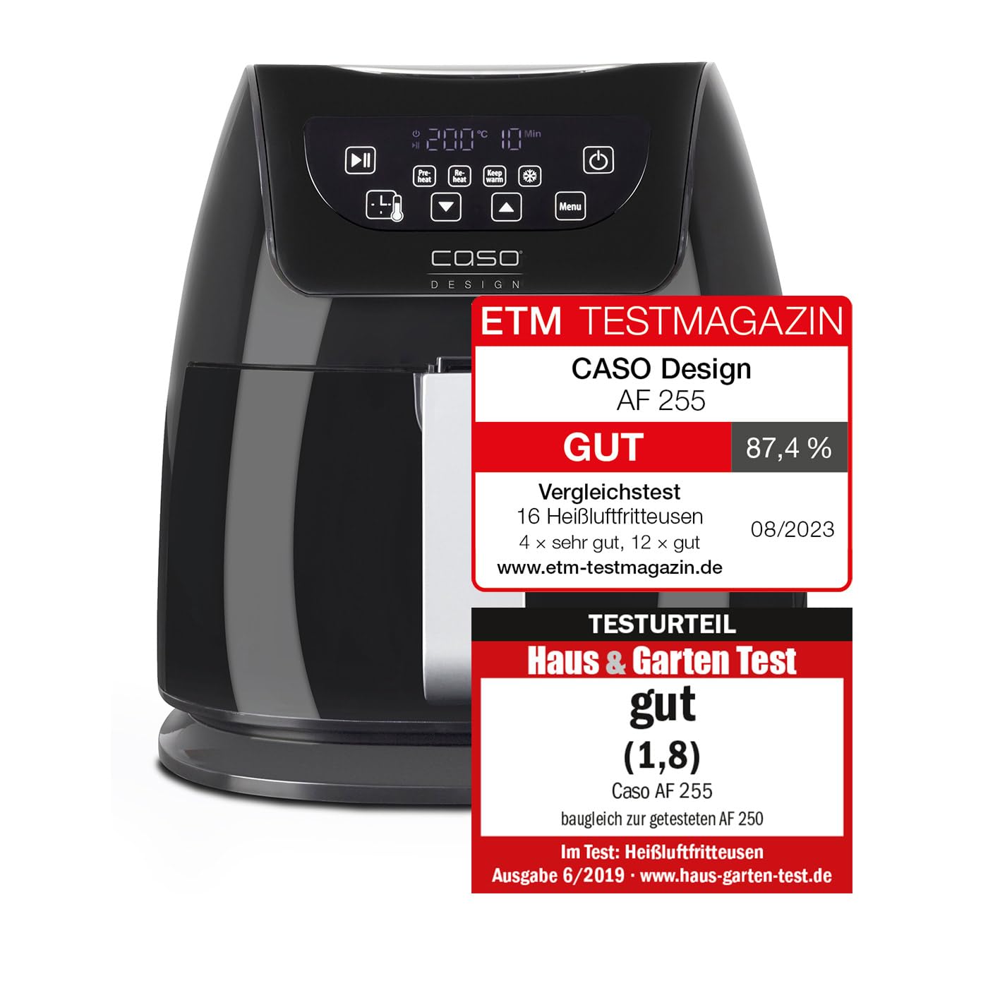 CASO AF 255 - 3L hot air fryer, 1400W, grill rack, 60-200°C, stainless steel interior, black, fat-free cooking.