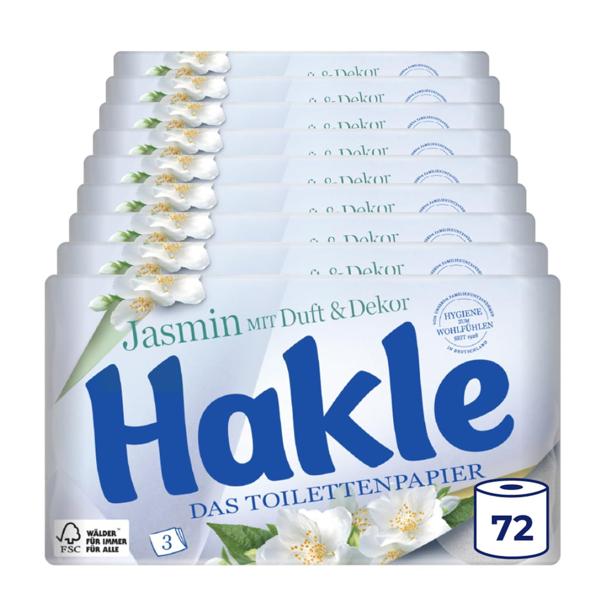 Tualetes papīrs Hakle ar jasmīna aromātu un dekoru, 72 ruļļi, 3 kārtas, 150 loksnes