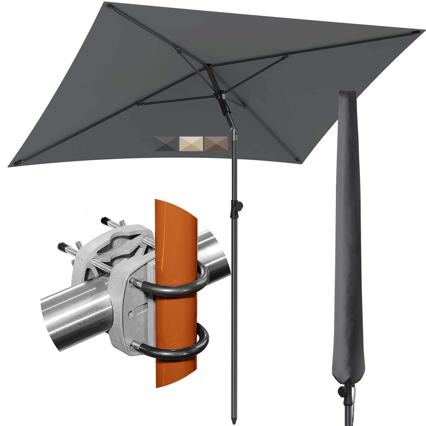 Balkona saulessargs 4smile SunnyShade 3-in-1 komplekts, antracīts, 200 x 125 cm, UPF 50+, taisnstūrveida saulessargs ar turētāju balkona margām un pārvalku