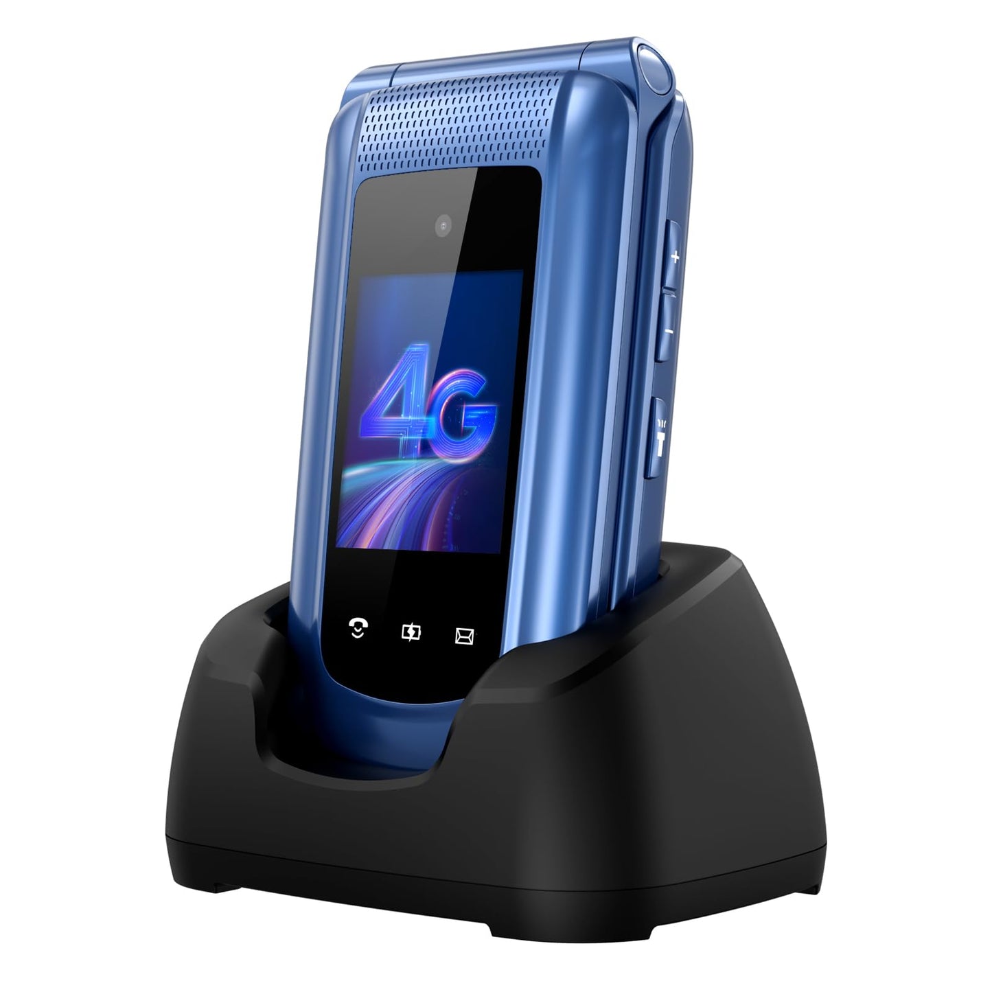 Tosaju 4G senioru mobilais telefons ar atlokāmu vāciņu, lielām pogām, uzlādes staciju, SOS pogu, 1000 mAh akumulatoru, diviem krāsu displejiem 2,4 un 1,8 collas, zils