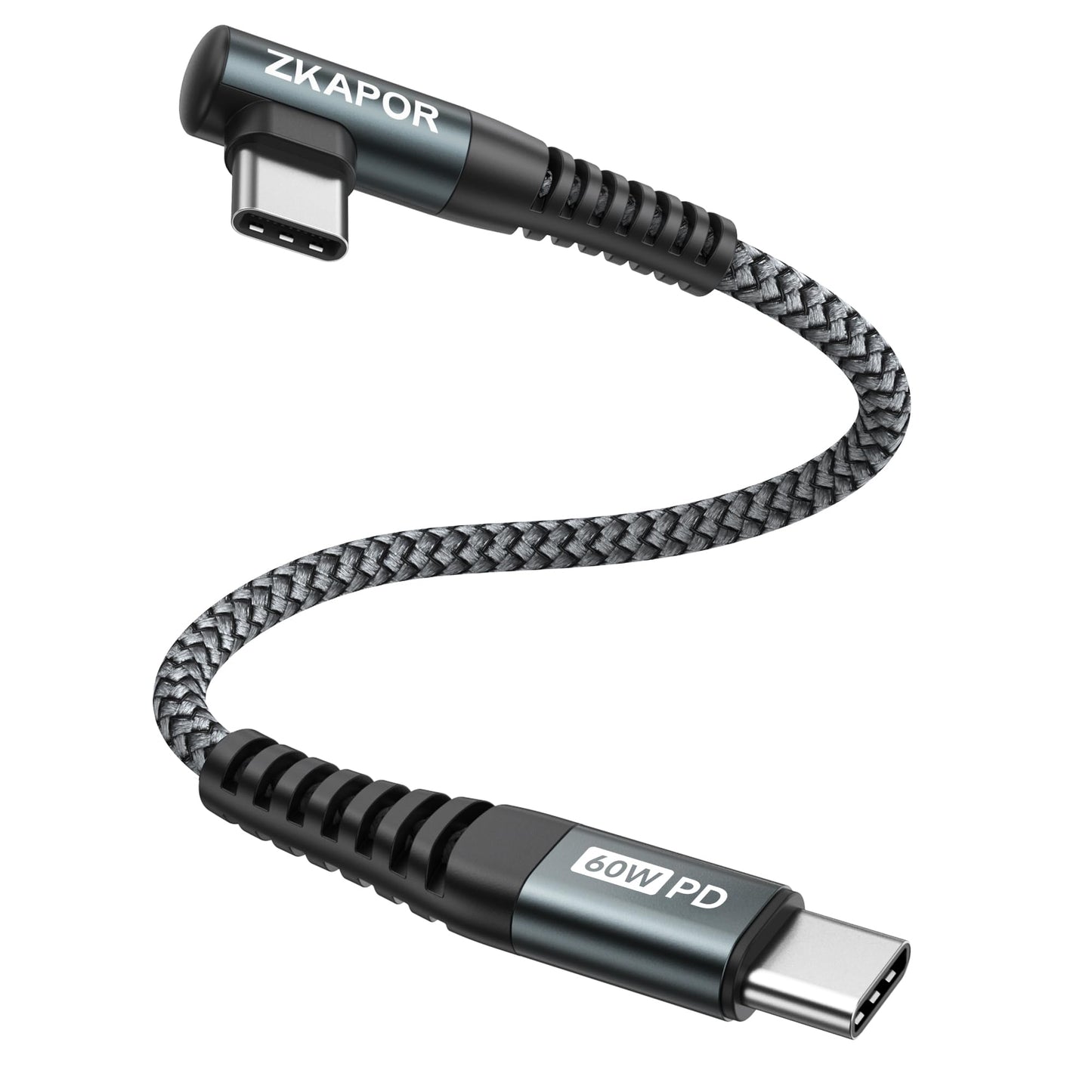 ZKAPOR USB-C uz USB-C kabelis 30CM, 60W ātrās uzlādes kabelis ar taisnleņķa savienotāju