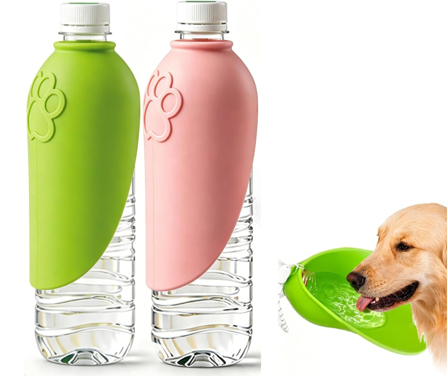 2 silikona dzeramās bļodas uzlikas suņiem, zaļa un rozā, PET pudelēm līdz 960ml