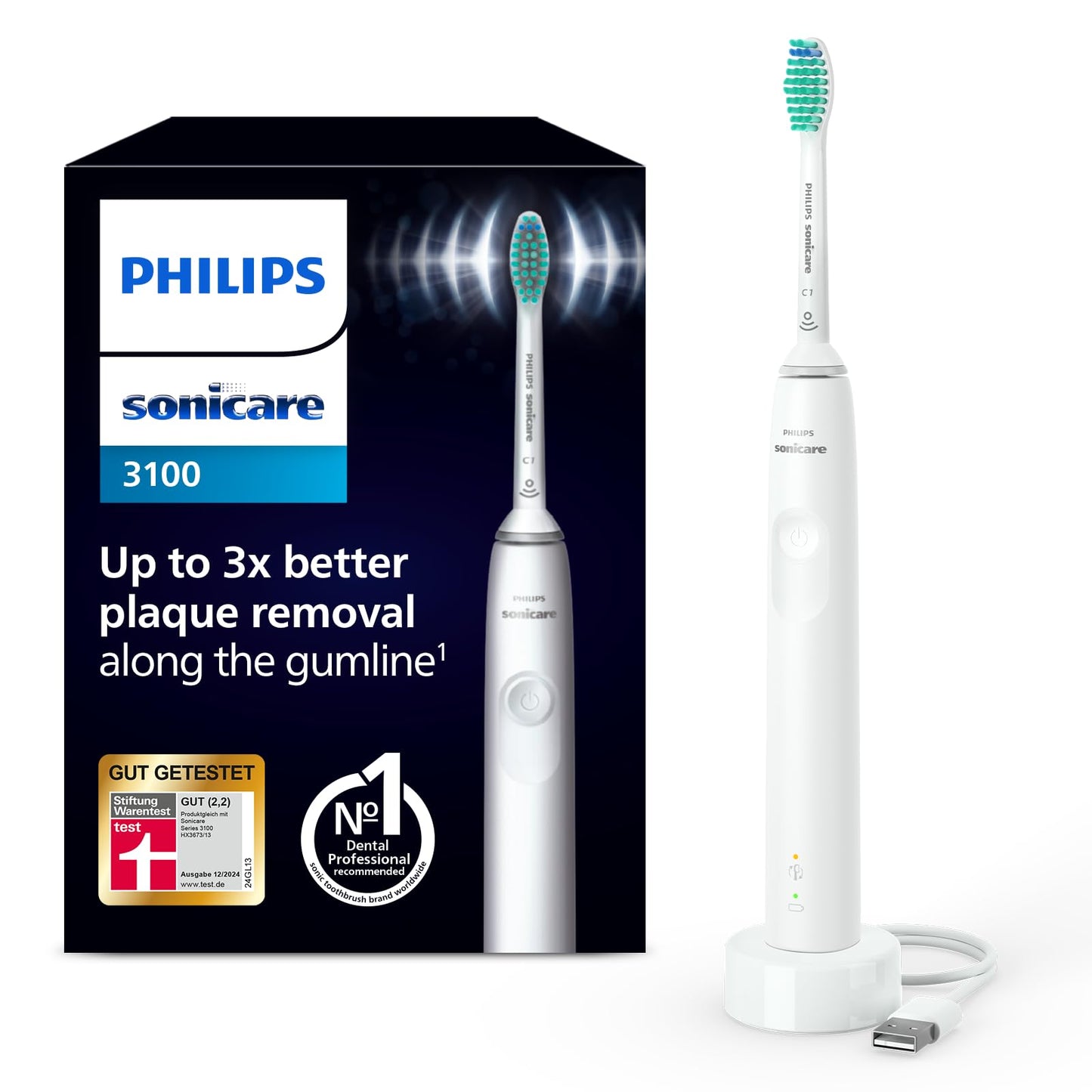 Philips Sonicare 3100 elektriskā zobu birste, ultraskaņas zobu birste, spiediena kontrole un taimeris, balta, modelis HX3671/13