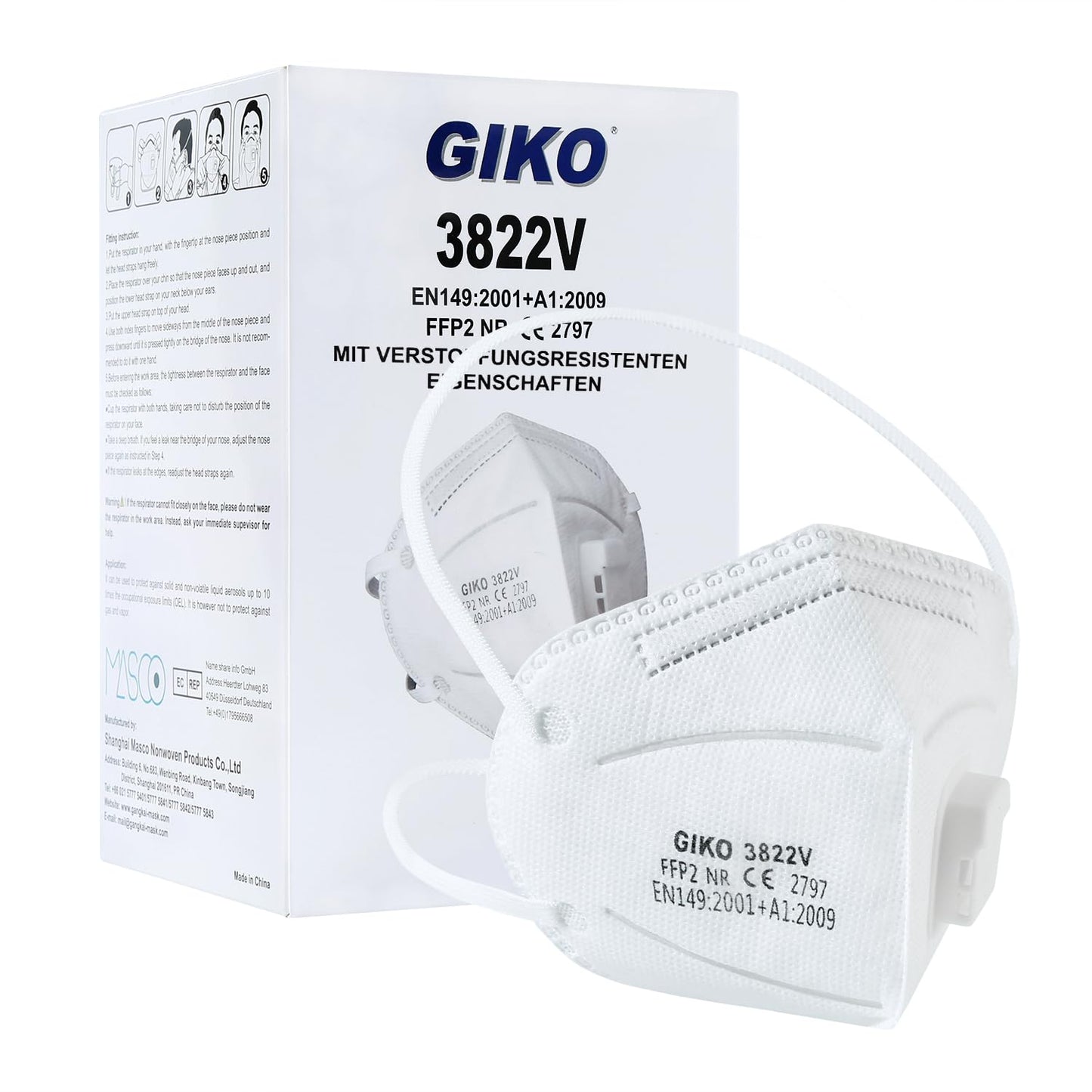FFP2 maska ar ventilu, GIKO, 20 gab. balta, 5 aizsardzības slāņi, galvas lente, putekļu maska