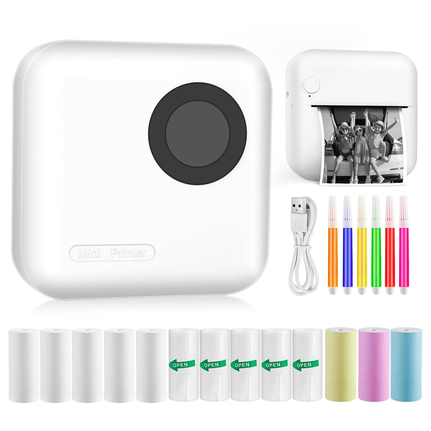 Mini foto printeris, termoprinteris, pārnēsājams momentuzņēmumu printeris, mini foto drukai no tālruņa, Bluetooth termoprinteris ar USB lādētāju, piezīmēm, dienasgrāmatai, sarakstiem, balts