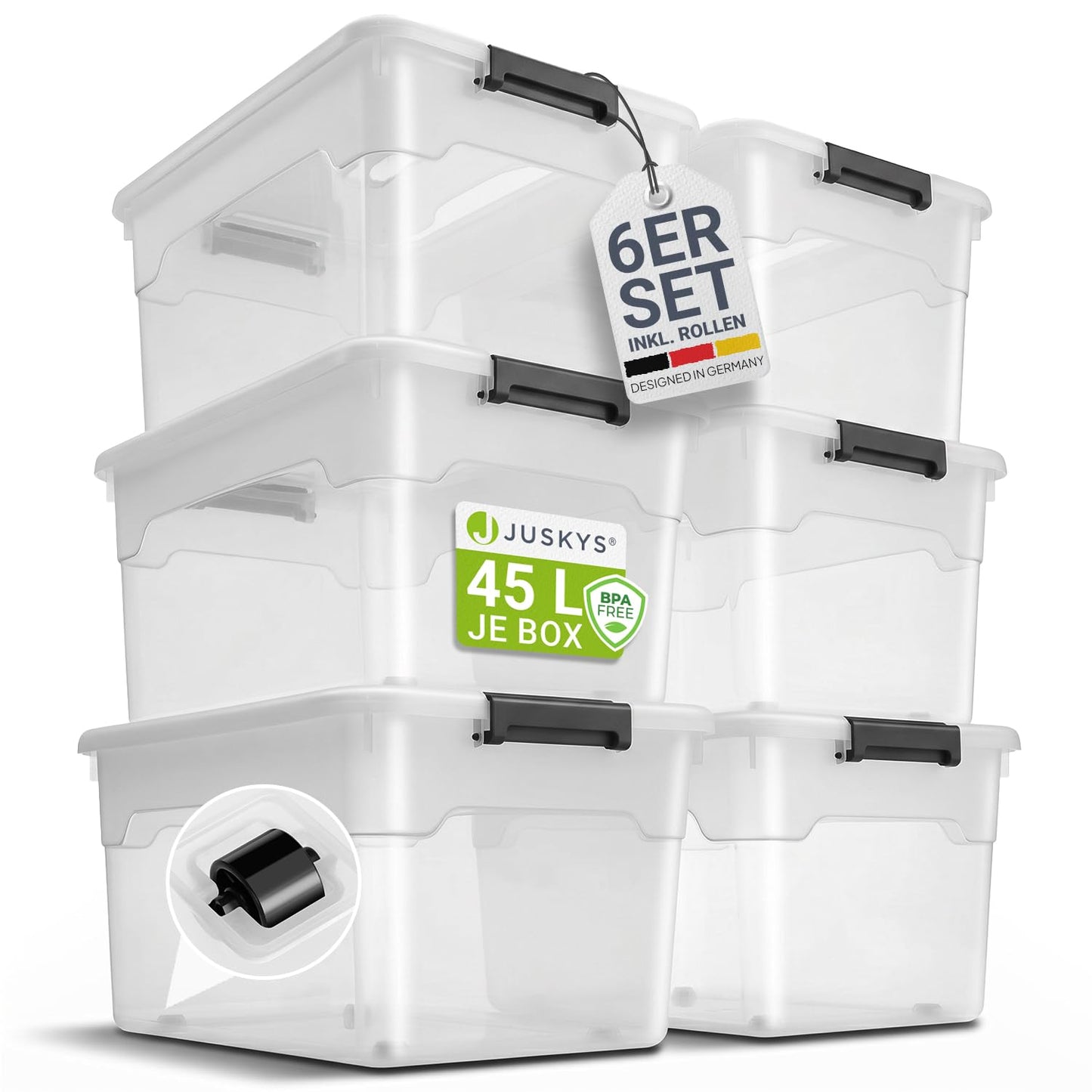 Uzglabāšanas kastes Juskys ar vākiem, 6 gab., 45l, lielas, caurspīdīgas, sakraujamas