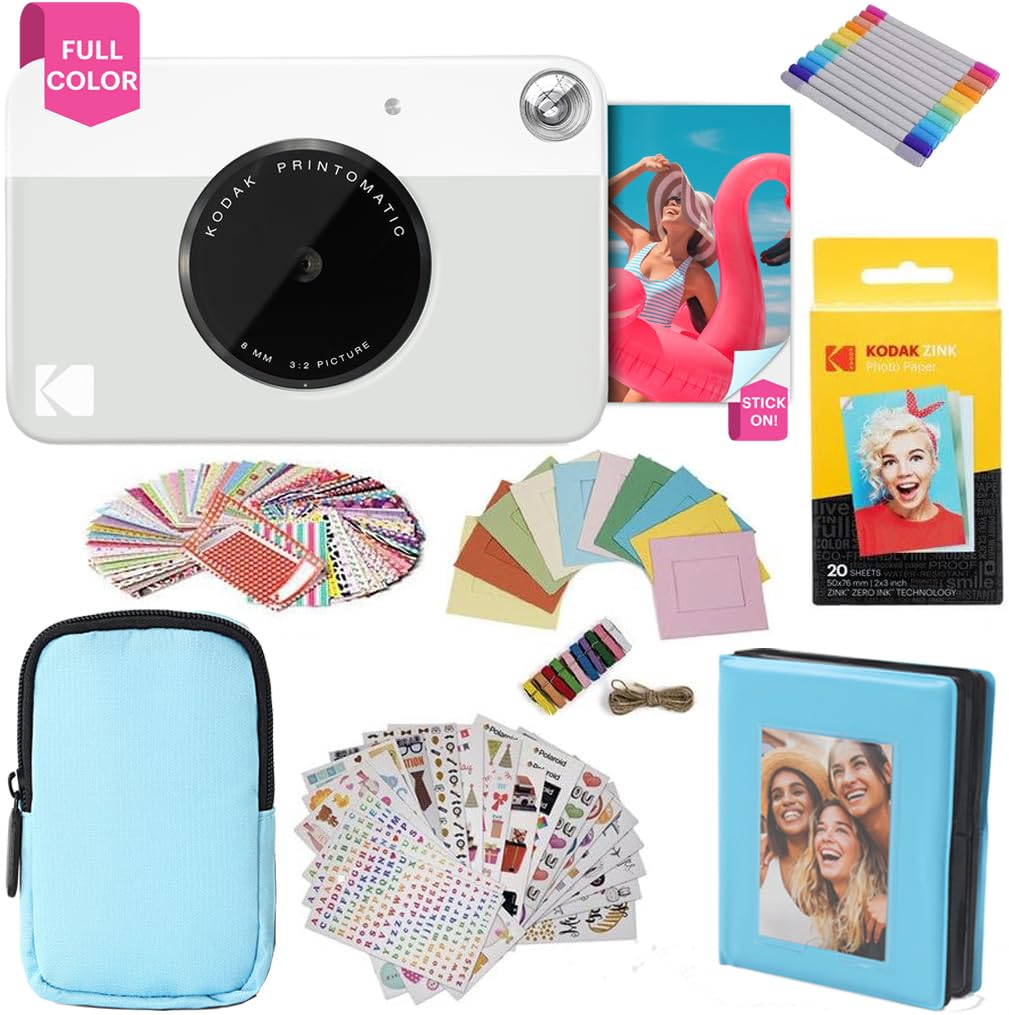 KODAK Printomatic - pilnkrāsu tūlītējas drukas kamera ar futrāli, Zink fotopapīrs, albums, uzlīmes un rāmji, pelēks.