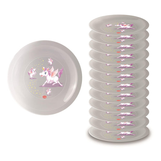 Snips, komplekts ar 12 mazgājamiem cietā plastmasas šķīvjiem, atkārtoti lietojami plastmasas šķīvji, dekorācija vienradzis, Ø 23,5 cm, ražots Itālijā.