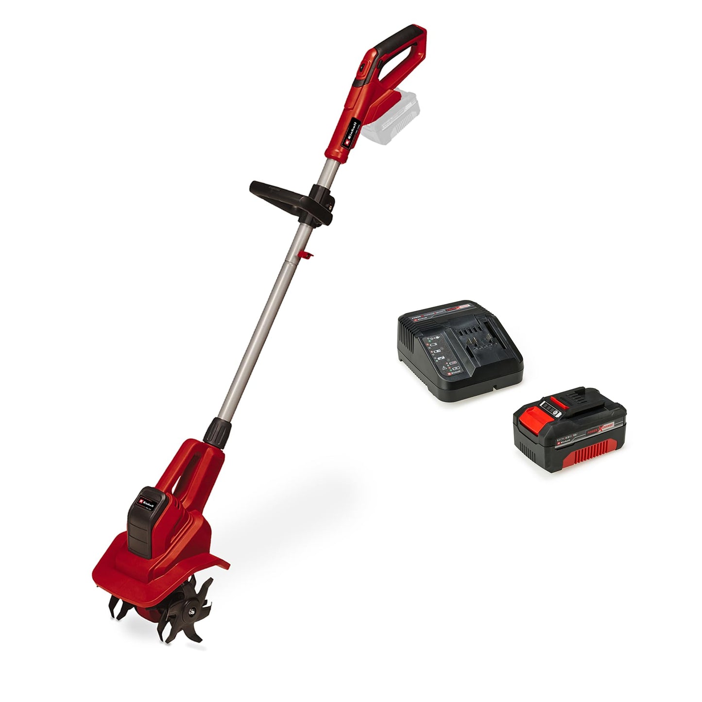 Akumulatora kultivators Einhell GE-CR 18/20 Li Power X-Change (18 V, Li-Ion, elektroniska apgriezienu regulēšana, 4 naži, papildrokturis, komplektā 4,0 Ah akumulators un lādētājs)