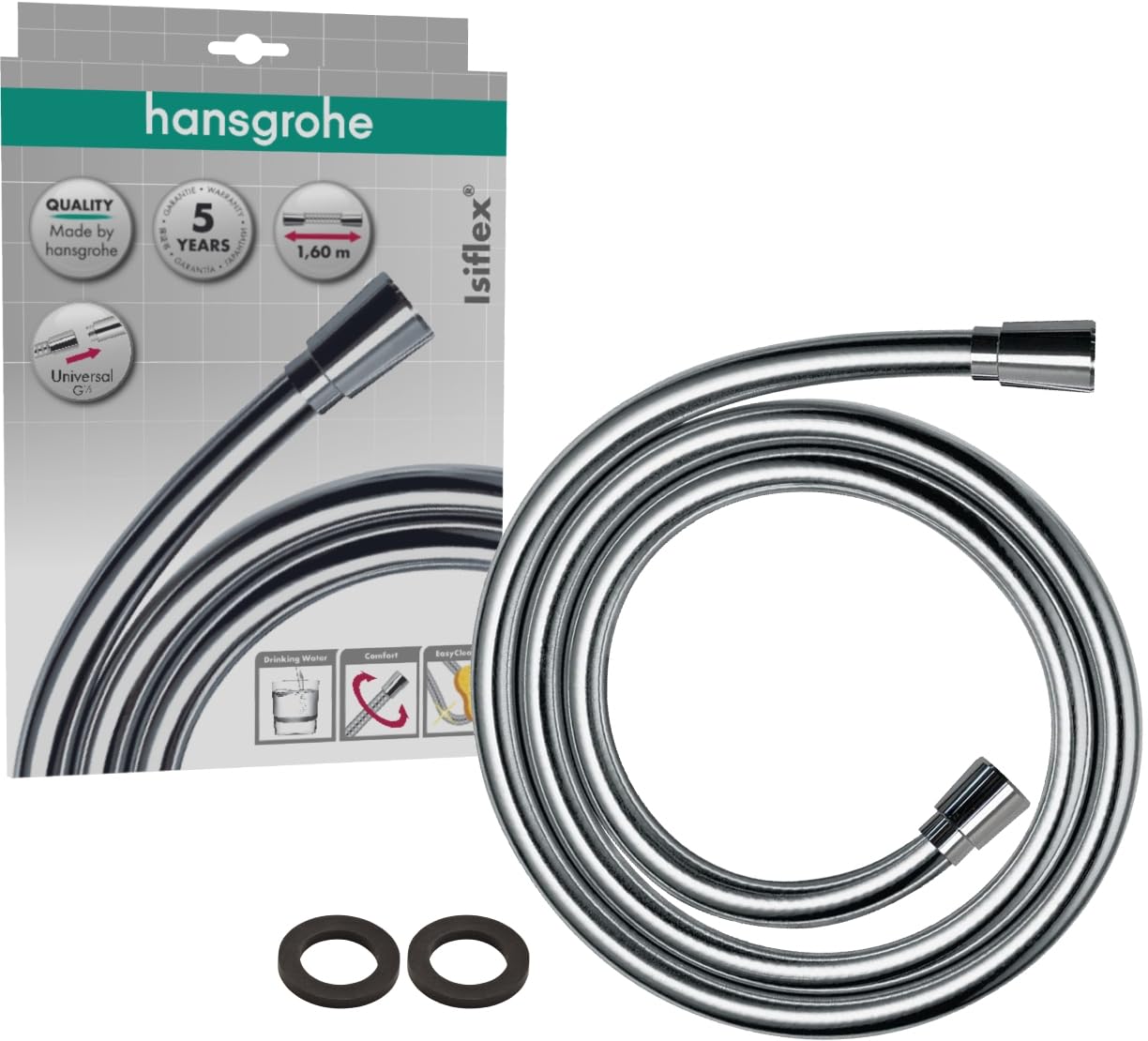 hansgrohe Isiflex universālā dušas šļūtene 1,60 m, ar aizsardzību pret savērpšanos, elastīga dušas šļūtene ar aizsardzību pret saliekšanos, ar blīvgredzeniem, hroms