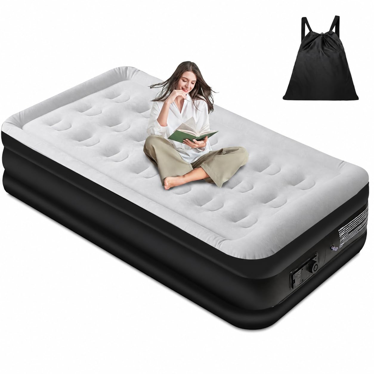 Uzpūšamais matracis Panana 1 personai ar integrētu pumpi, vienvietīgs piepūšamais gaisa matracis 196 x 97 x 47 cm, viesu gulta ar floku virsmu, PVC gaisa gulta ar pārnēsāšanas somu mājai, kempingam, viesu istabai