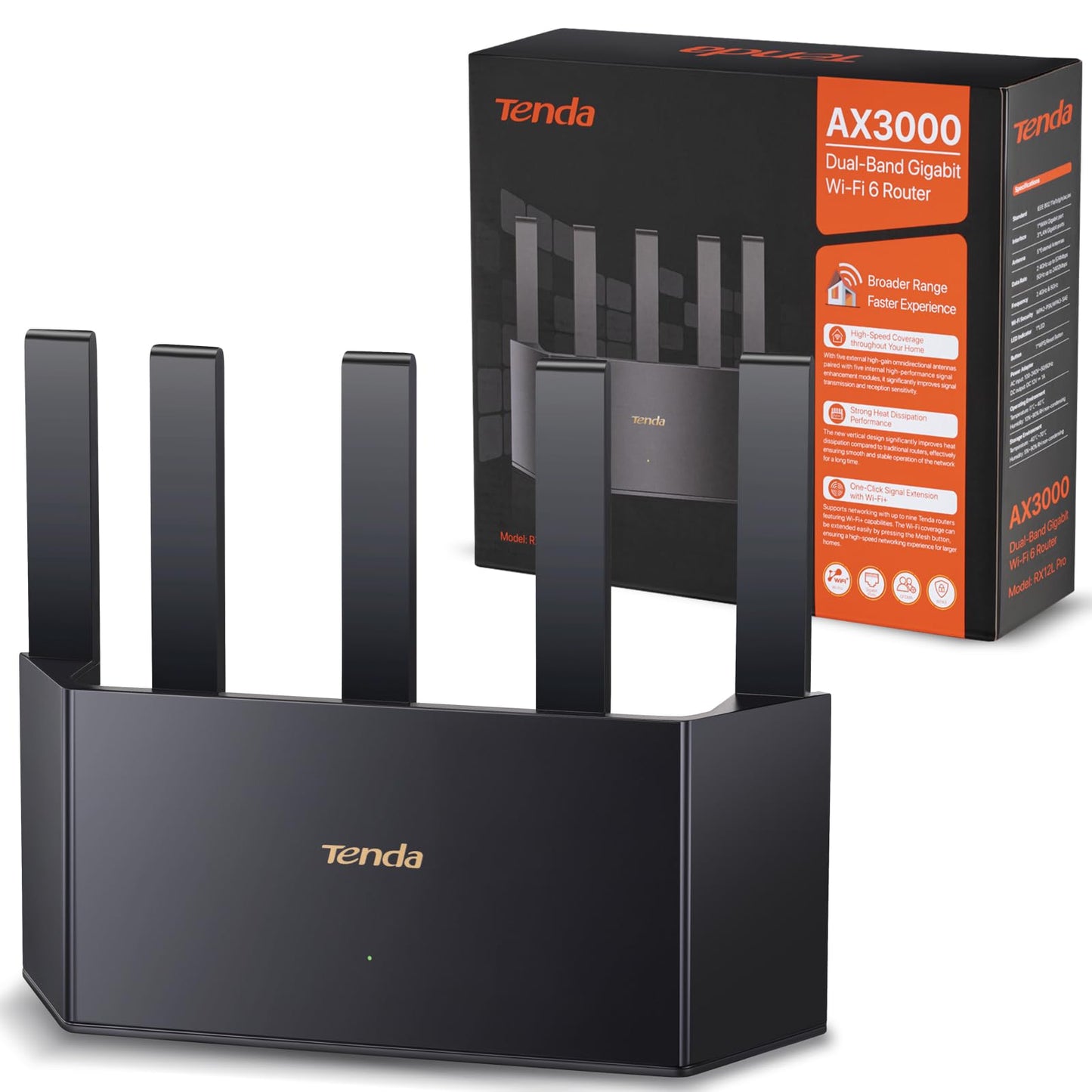 Tenda RX12L Pro Wi-Fi 6 WLAN maršrutētājs (AX3000 Dualband 2402Mbit/s 5 GHz, 574Mbit/s 2,4GHz) 5x6dBi antenas, 4XGigabit ports, 160MHz joslas platums, Wi-Fi+, bērnu aizsardzība, WPA3, nav DSL funkcijas