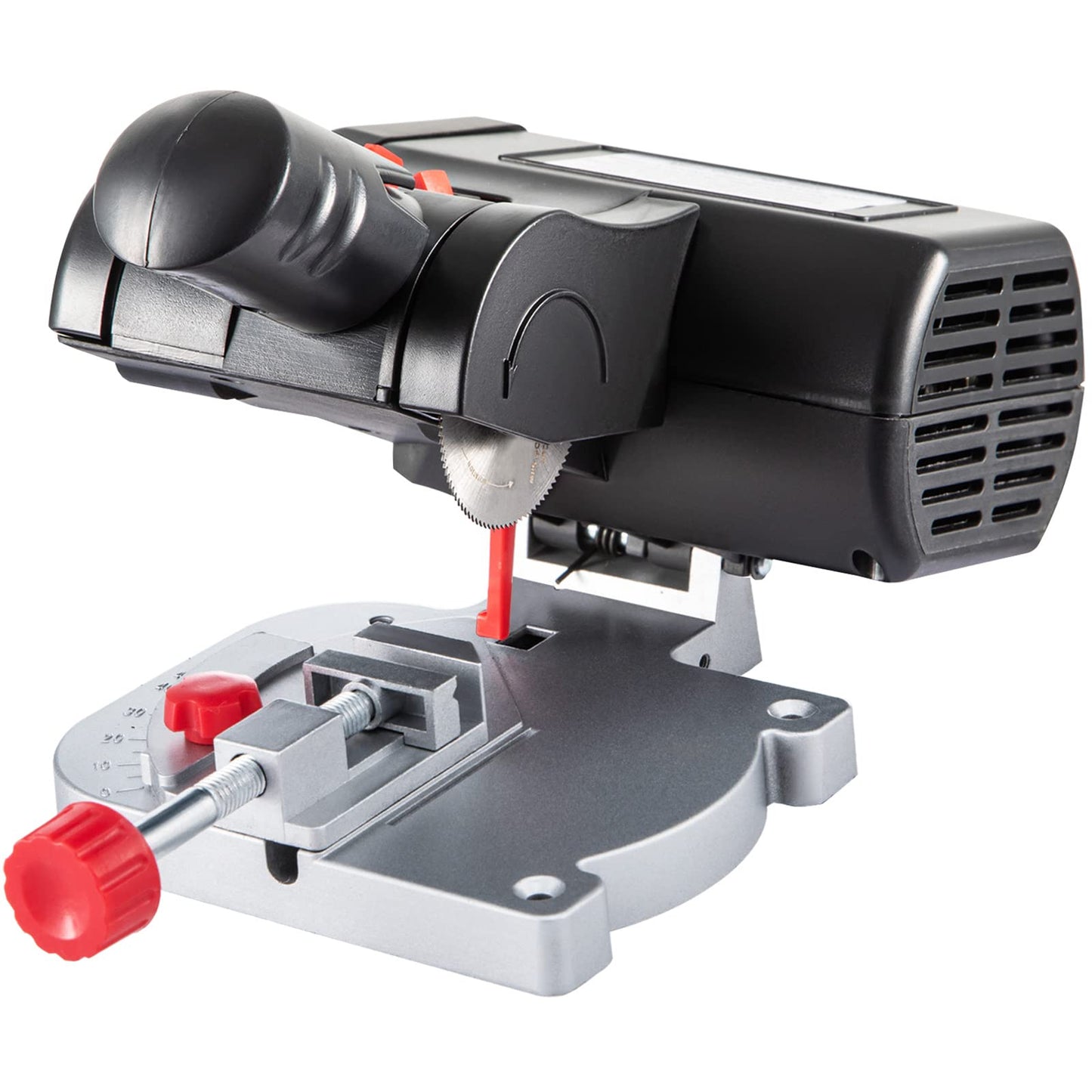 VEVOR Mini griezējzāģis - 90W, 7800 RPM, 3 asmeņi, 0-45° regulējams, pārnēsājams, piemērots koksnei un metālam.