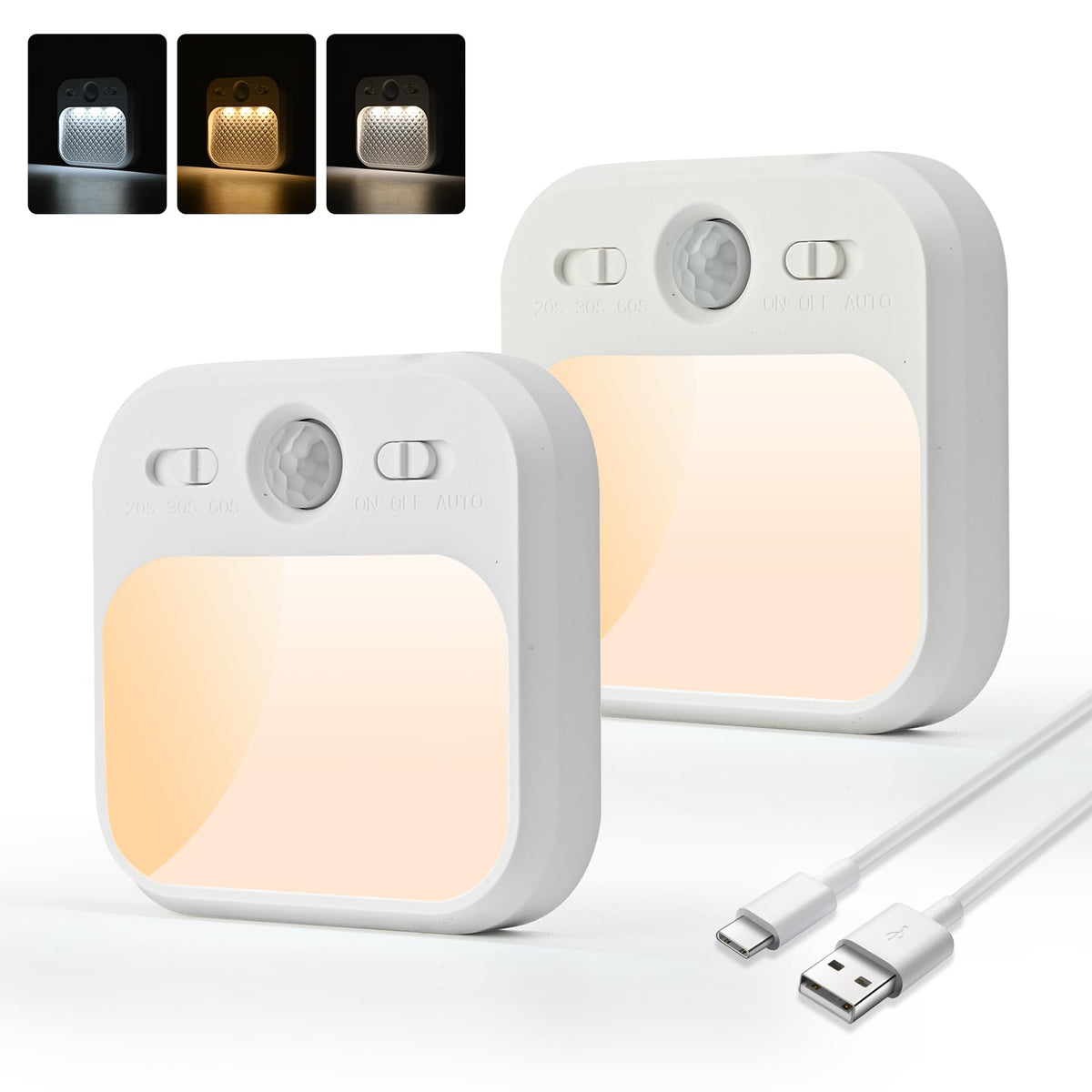 Naktslampa AmmToo ar kustības sensoru, USB-C uzlādējama, 2 gab.