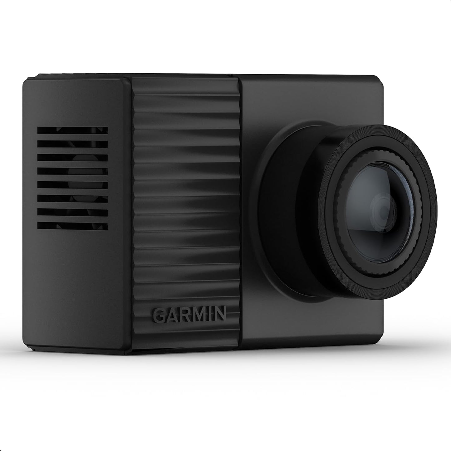 Garmin Dash Cam Tandem ar divām 180° lēcām visapkārt redzamām bildēm, priekšējā lēca ar 1440p, ultrakompakta, automātiska negadījumu atpazīšana, nakts redzamība ar 720p, GPS, WiFi, iekļauta atmiņas karte, balss vadība