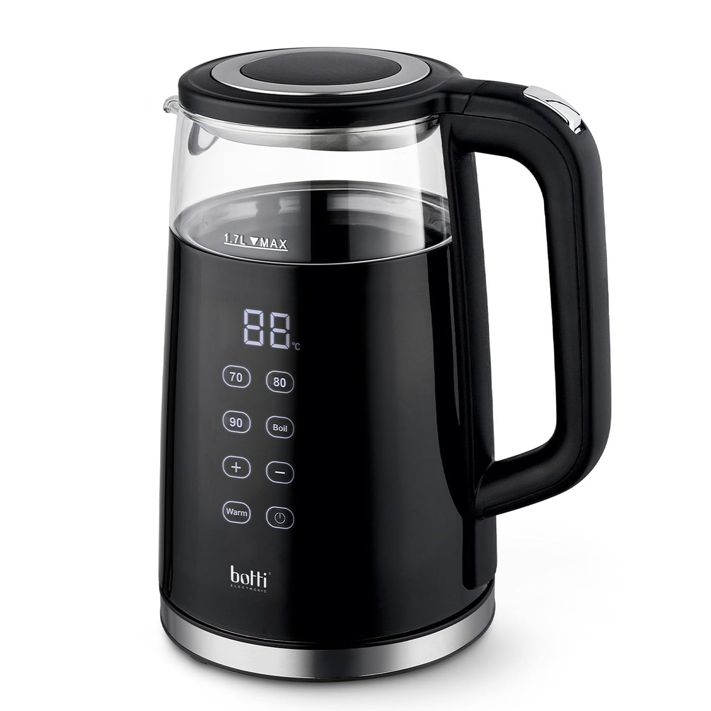 Botti Maverick elektriskā tējkanna 1,7L - ātra uzsildīšana, borosilikāta stikls, digitālais displejs, 4 temperatūras iestatījumi