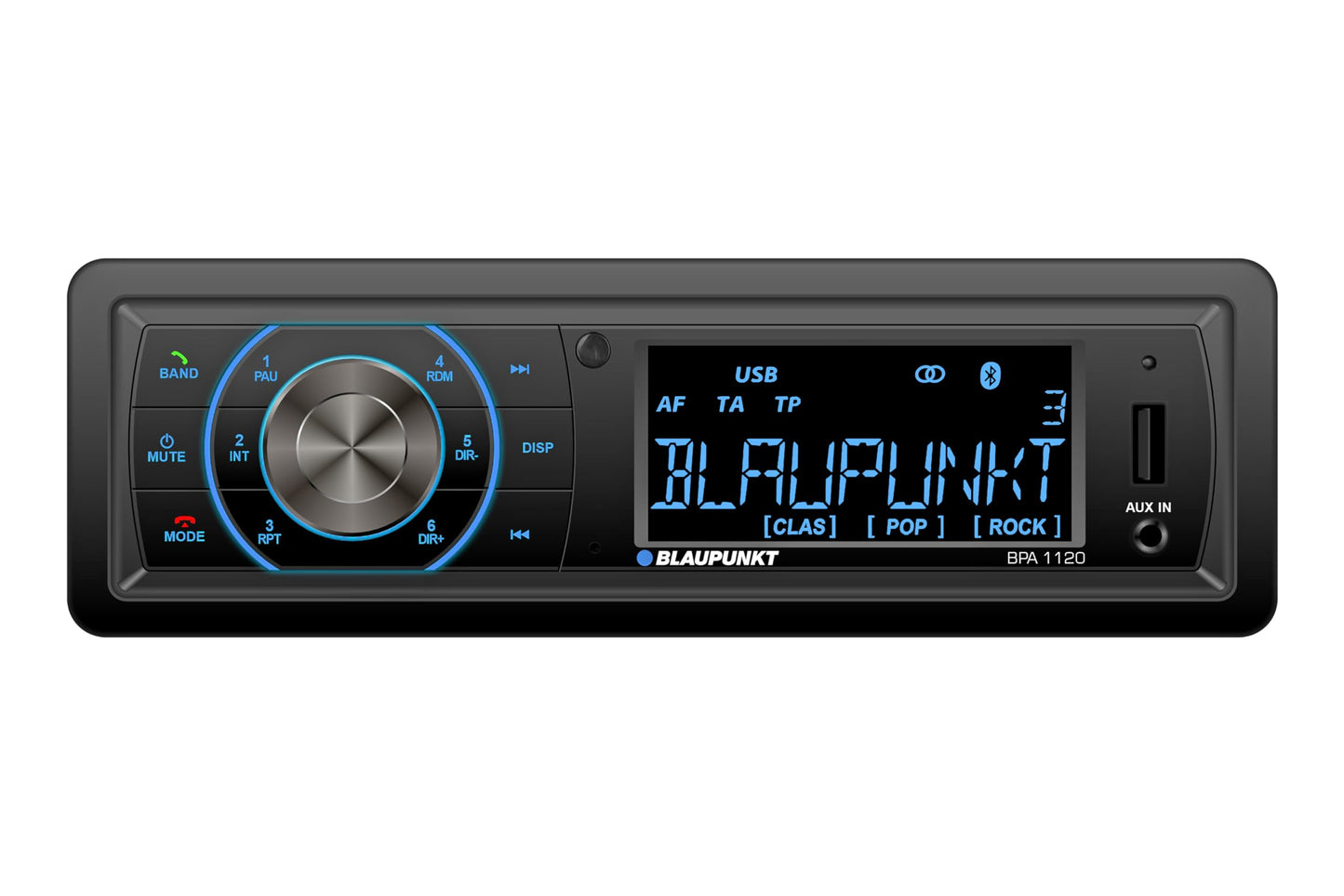Blaupunkt BPA 1120 1-DIN autoraadio ar Bluetooth, USB, AUX ieeju, īsu montāžas dziļumu, 4x20Watt, 12V