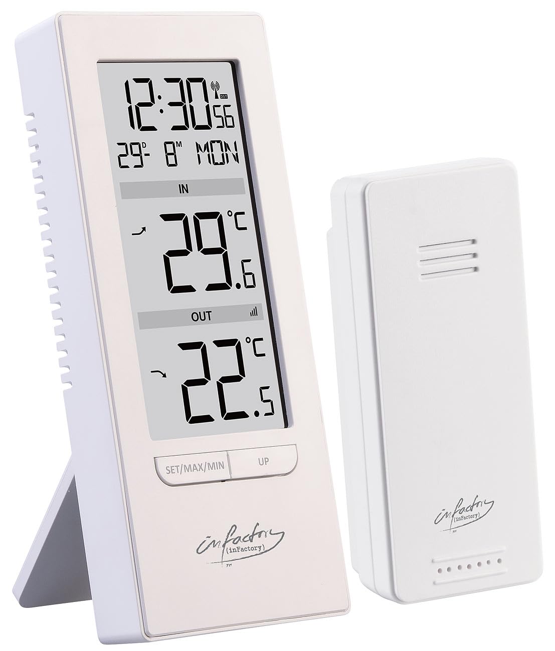 ADE digitālais radio pulkstenis viesistabai ar temperatūras rādījumu, ļoti lieliem cipariem, labi salasāms displejs, melns