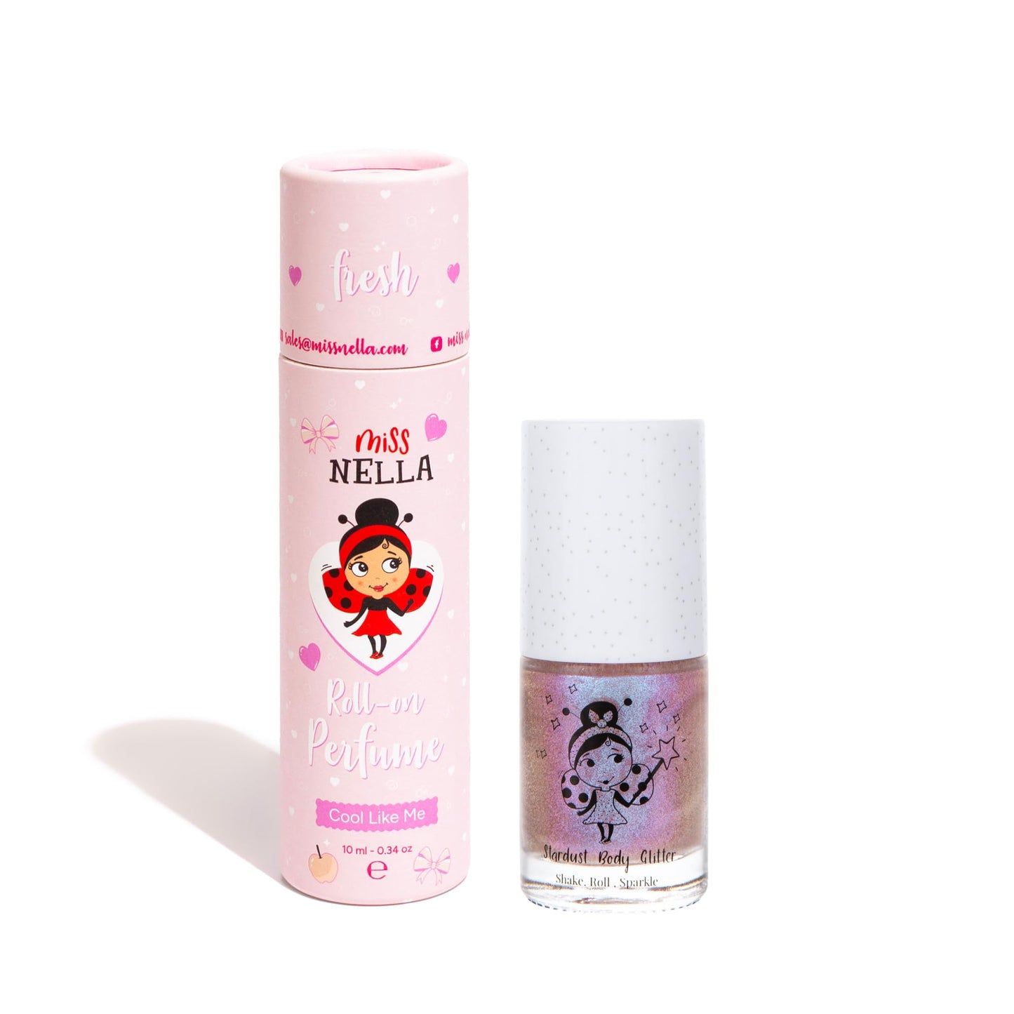 Miss Nella Rock n' Roll Duo komplekts bērniem, roll-on smaržas un ķermeņa spīdums, 10 ml smaržas un 15 ml spīdums, rozā un violets (Purple)