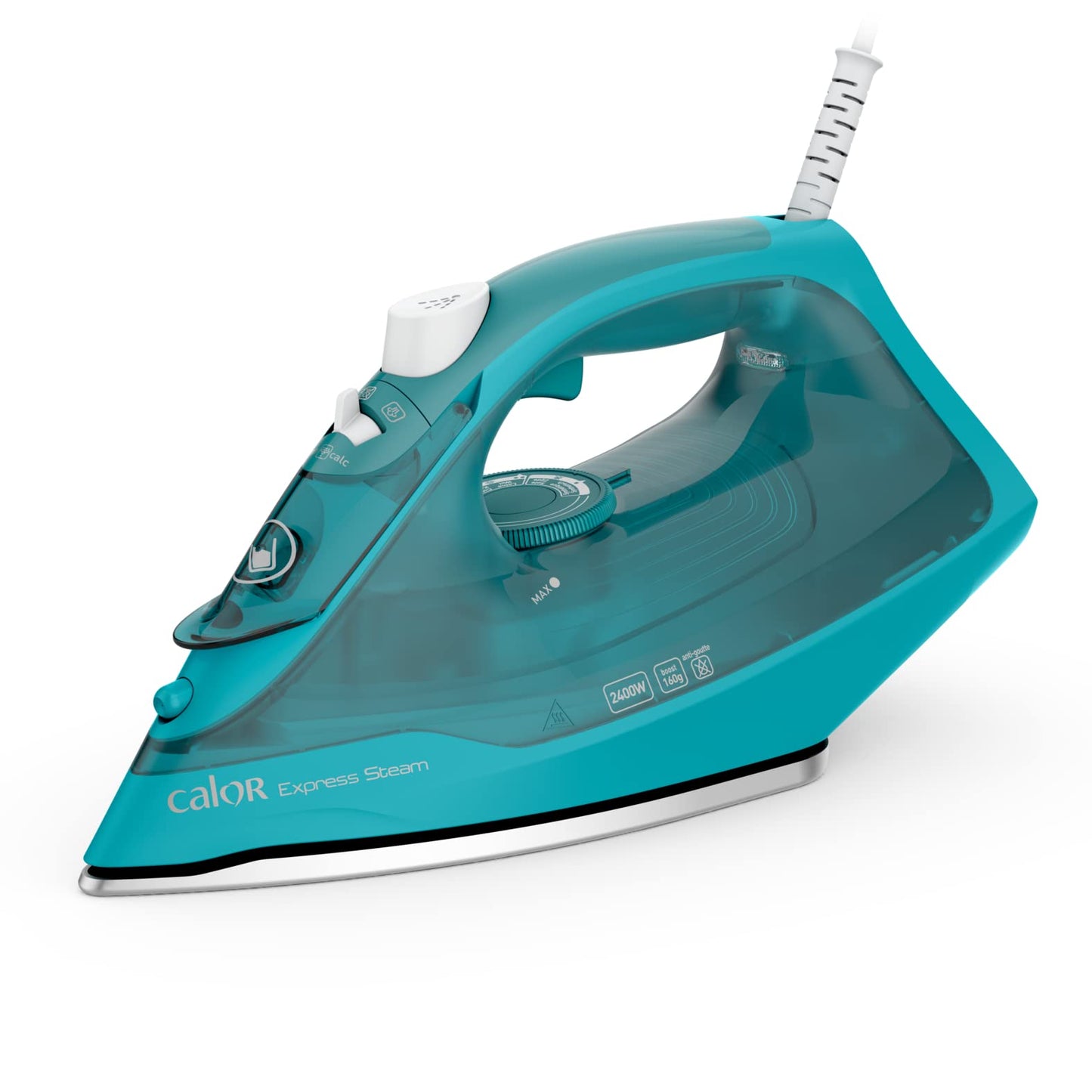 Calor Express tvaika gludeklis FV2851C0 - 2400 W, 40 g/min tvaika, 160 g/min tvaika trieciens, keramikas zole, tirkīza.
