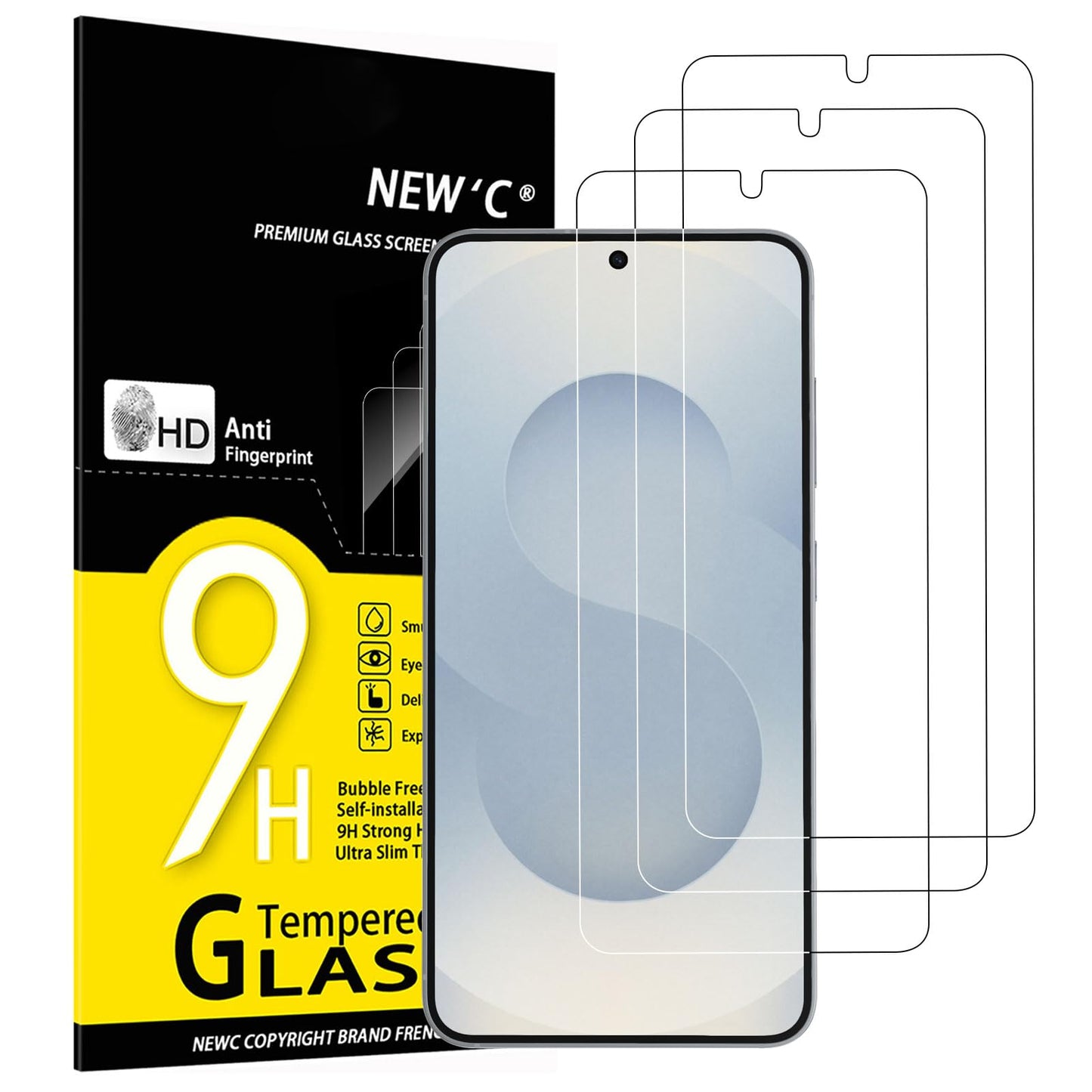Ekrāna aizsargstikls Samsung Galaxy S25 — NEW'C, 3 gab., Panzerglas, 9H cietība, HD, ultrdzidrs