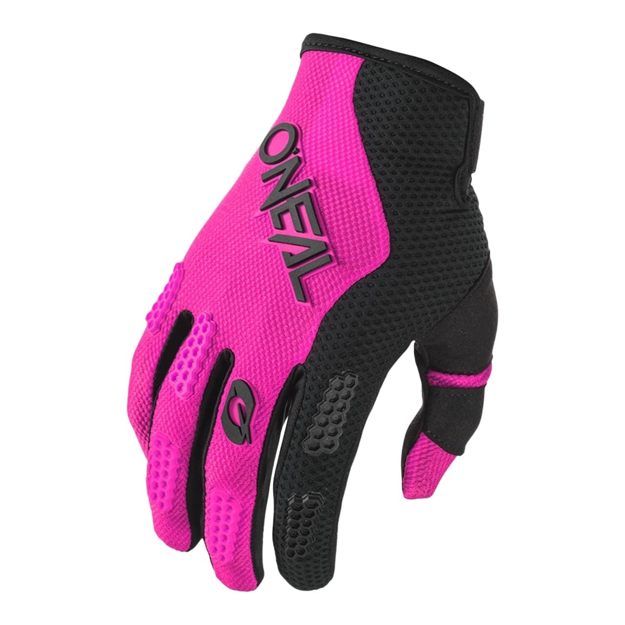 Velosipēdu un motokrosa cimdi O'NEAL Element sievietēm, MTB, DH, FR un nobraucieniem, izturīgi un elastīgi, ar ventilējamu plaukstas daļu, melni rozā, izmērs S