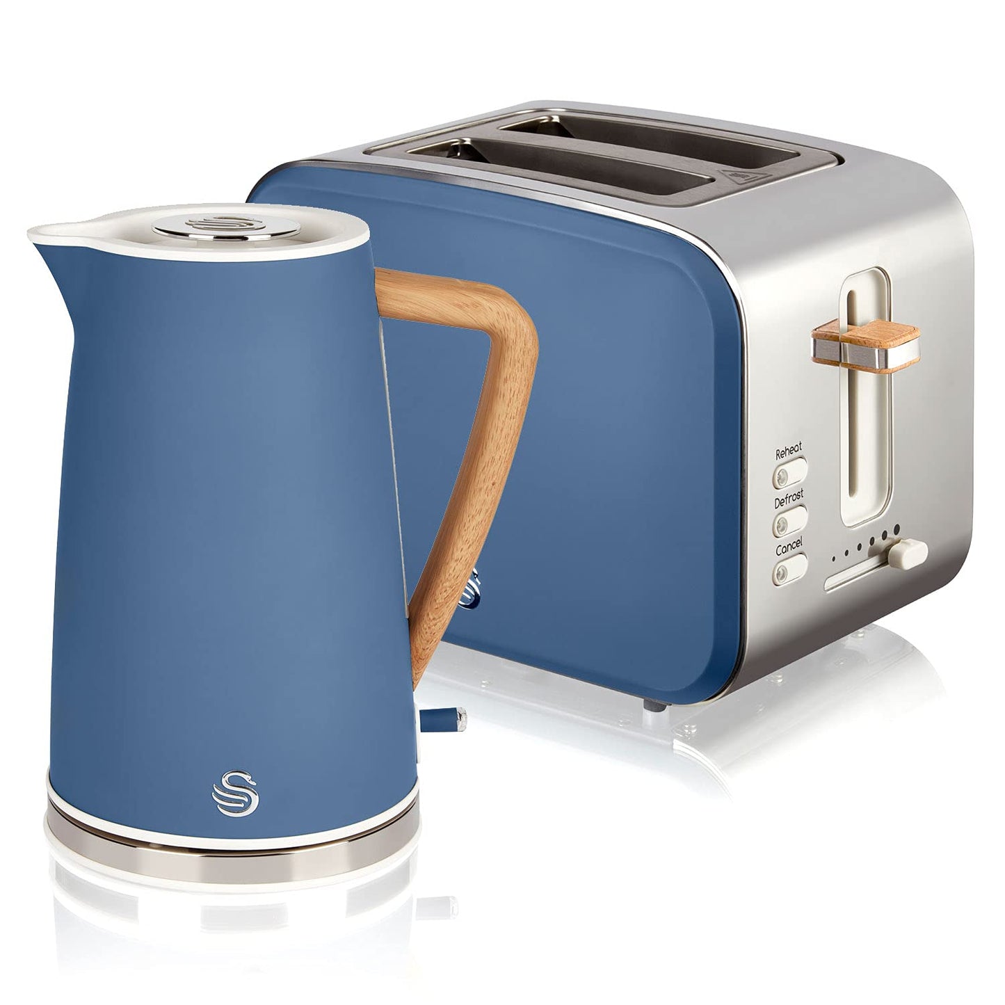 Swan Nordic brokastu komplekts, bezvadu, 1,7 l, 2200 W, tosteris ar plašu atveri, 2 šķēles, 3 funkcijas, mūsdienīgs dizains, koka izskats, matēts zils
