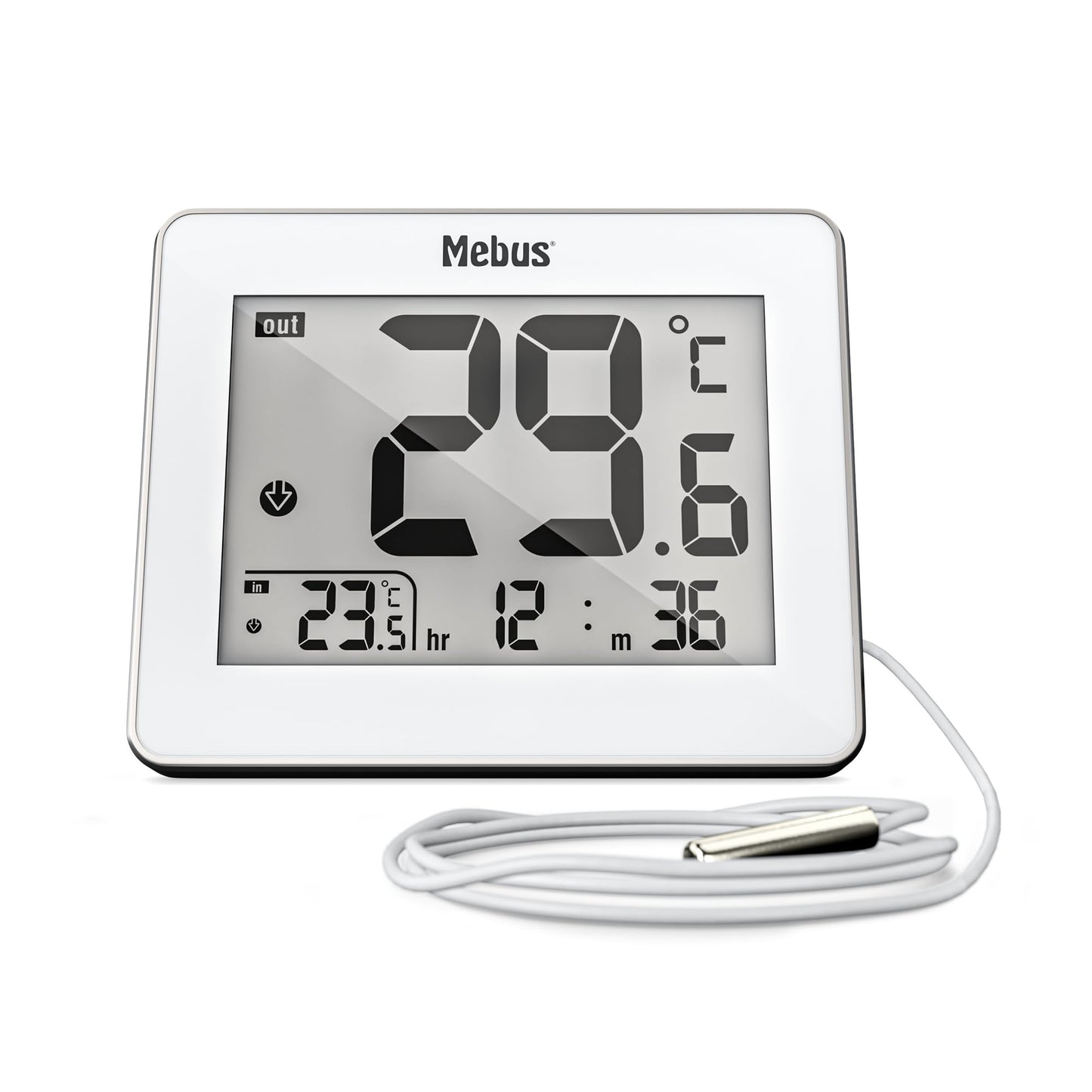 Digitālais termometrs MEBUS ar vadu āra sensoru, iekšējās un ārējās temperatūras mērīšana, pulkstenis, min./maks. vērtības, metāla korpusa rāmis, balts, 01074