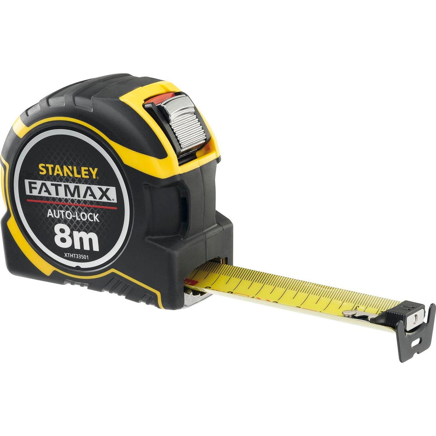 Mērlente STANLEY FatMax PRO Autolock, 8 m, 32 mm, ar maināmiem āķiem, Mylar aizsargkārtu, fiksatoru un atgaitu, ar jostas klipsi, XTHT0-33501