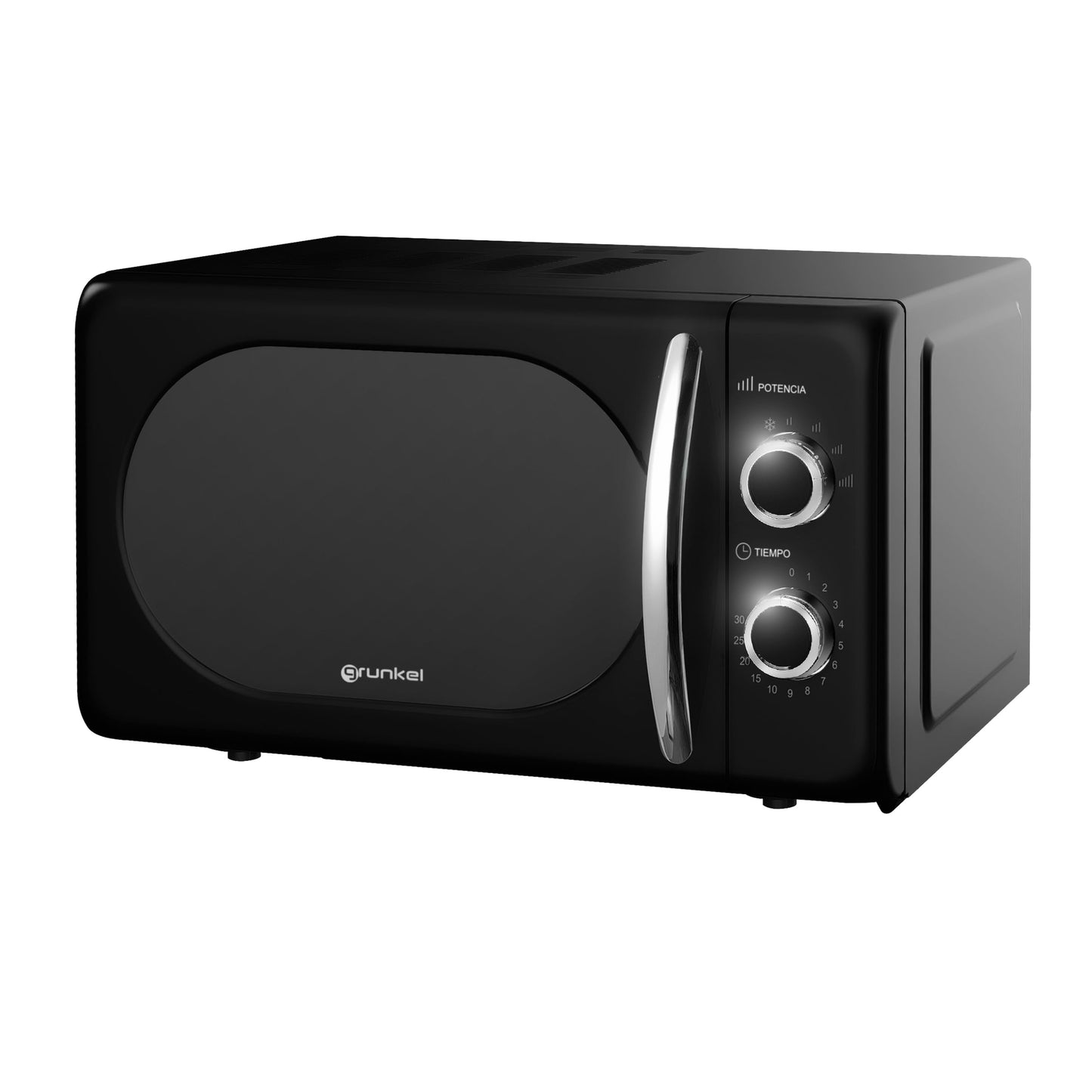 Grunkel - MW-20BLACK - Mehāniskā mikroviļņu krāsns ar 20 litru ietilpību vintage dizainā un 5 jaudas līmeņiem - Atkausēšanas funkcija un taimeris līdz 30 minūtēm - 700 W - Melna