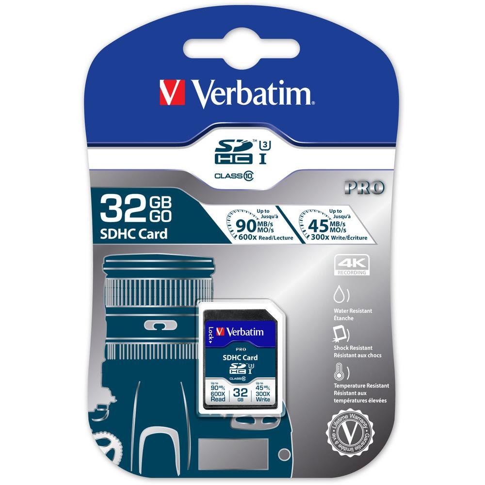 Verbatim Pro U3 SDHC 32GB - 4K Ultra HD video, UHS Speed Class 3, black memory card for cameras and computers.