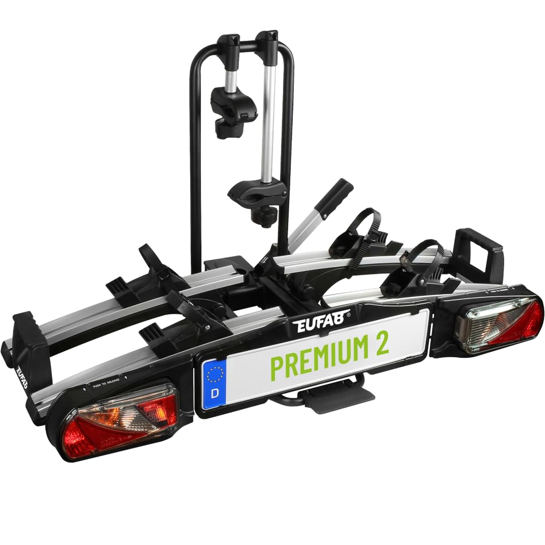 EUFAB 11521 velosipēdu bagāžnieks PREMIUM 2, E-Bike piemērots, pilnībā salikts, pretaizdzīšanas aizsardzība, 2 velosipēdiem, piekabei, melns, sudraba