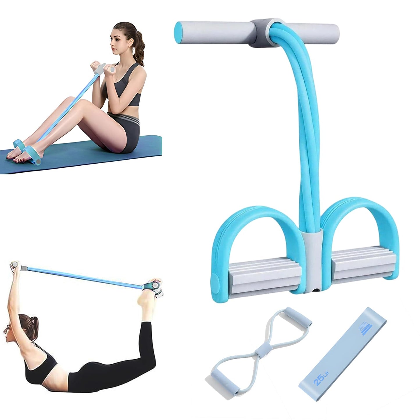 Pedāļu pretestības gumija ar rokturi, vēdera trenažieris mājām, sit up trenažieris, 6 trubiņu elastīgā troses sistēma, pretestības gumijas mājas fitnesam un svara samazināšanai, zila