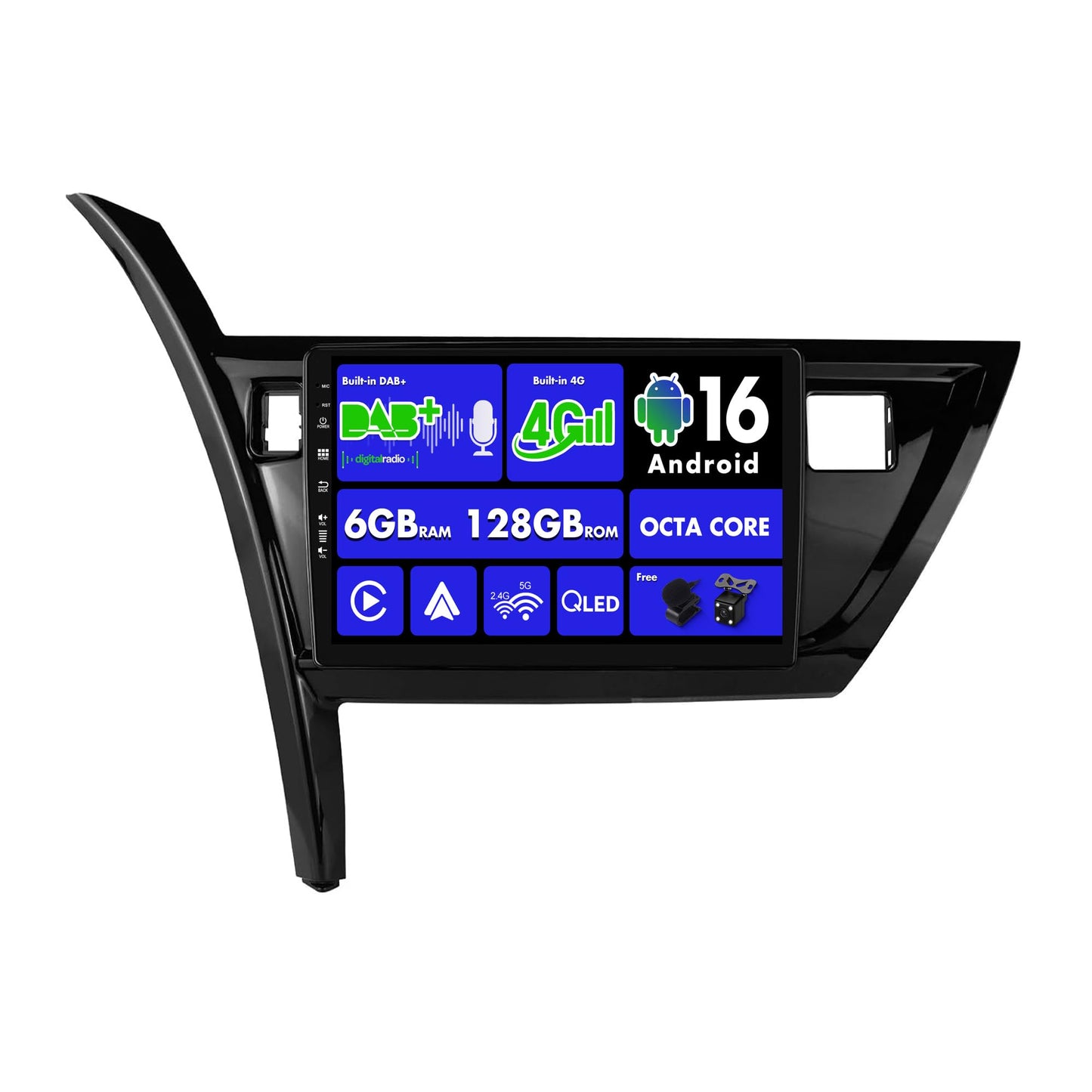 SXAUTO Android 16 automagnetola Toyota Corolla Auris (2013-2016) ar iebūvētu 4G LTE un DAB, 6G+128G, Dual Band WiFi, CarPlay Android Auto, kamera, MIC, DSP SWC, QLED 10.1 collu 2 Din 8-Core