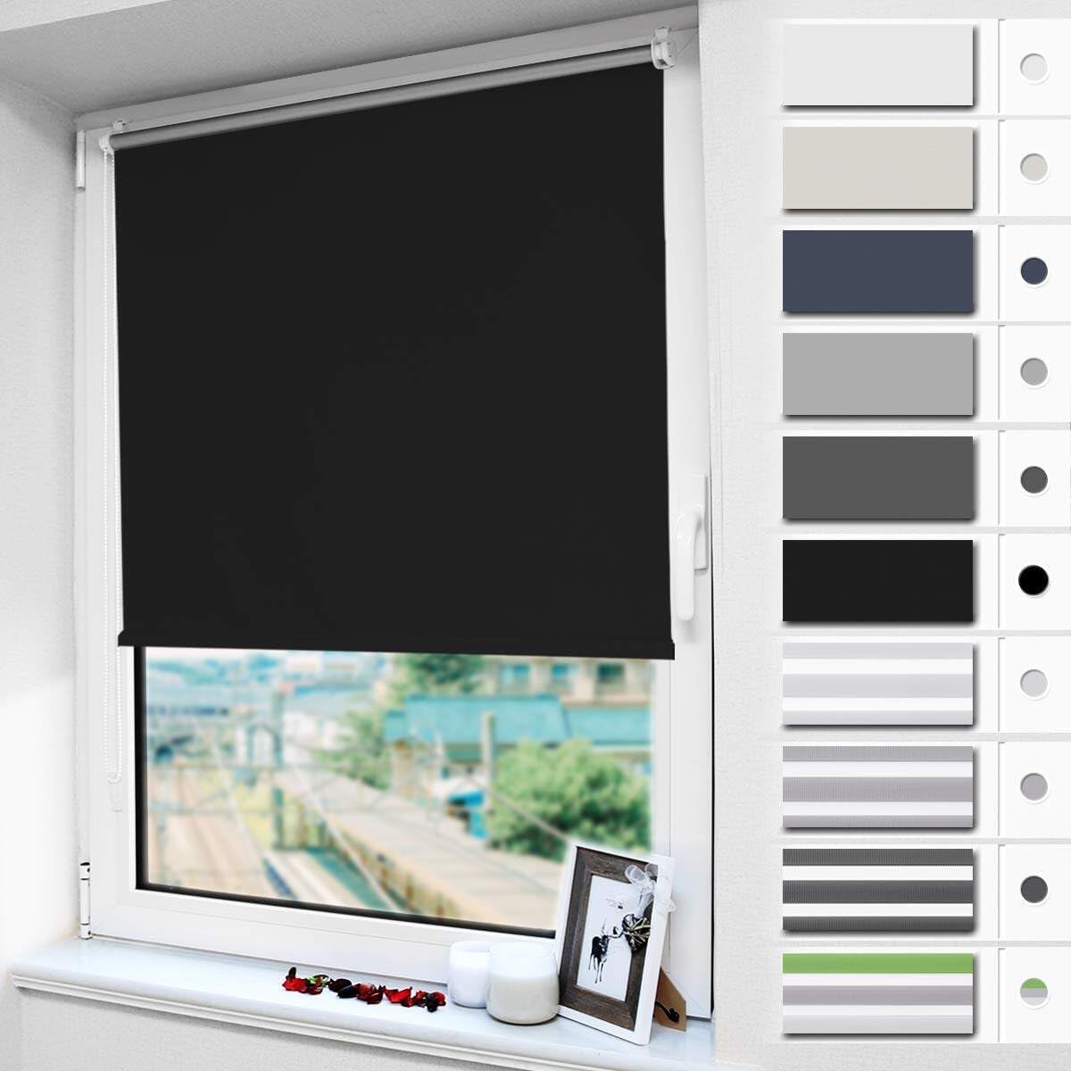 Aptumšojoša rullo žalūzija Magiea bez urbšanas vai ar urbšanu, Klemmfix, melna, B40 x H130 cm, auduma platums 40 cm, termiskā žalūzija logiem un durvīm