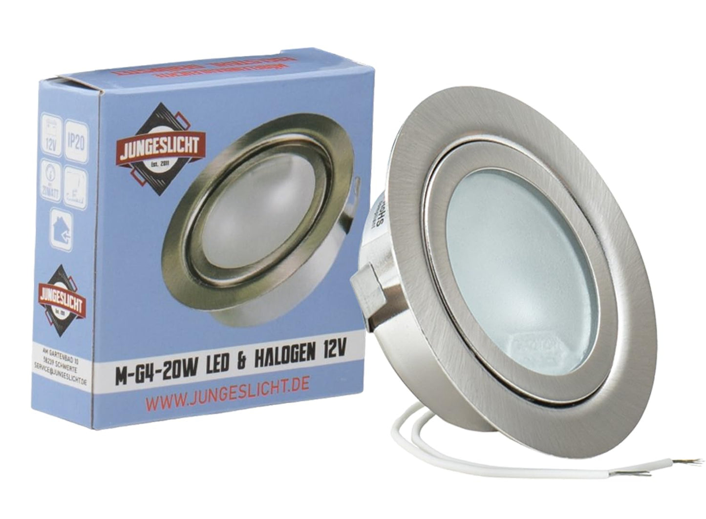 Mēbeļu iebūvējamais prožektors JungesLicht G4 12V 20W halogēns, dimmējams, LED saderīgs, urbuma diametrs 55-58mm, diametrs 72mm, iebūves dziļums 20mm, 11cm pieslēguma kabelis, ar spuldzi, īpaši plakans