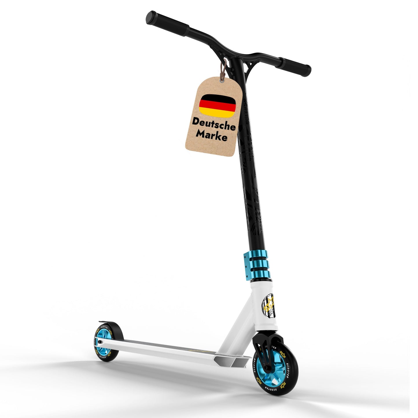 STAR SCOOTER Original Performance Freestyle Jump Pro sporta alumīnija skrejritenis ar HIC kompresiju ļoti stabilā vieglās konstrukcijas izpildījumā bērniem no apm. 7 - 8 gadiem | 110mm Semi Professional Edition | balts (matēts) & zils