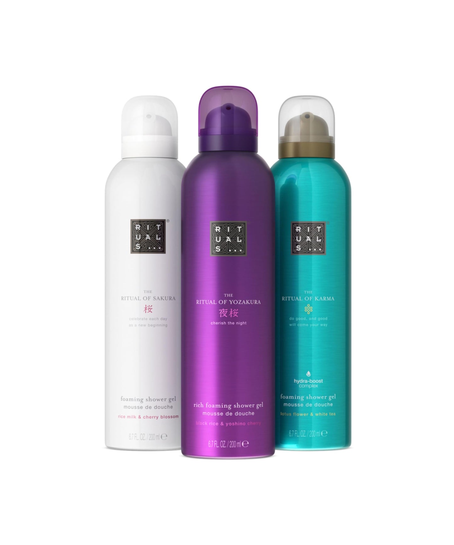 Dušas putu dāvanu komplekts RITUALS – luksusa kopšanas komplekts The Ritual of Sakura, Karma un Yozakura 3x200ml