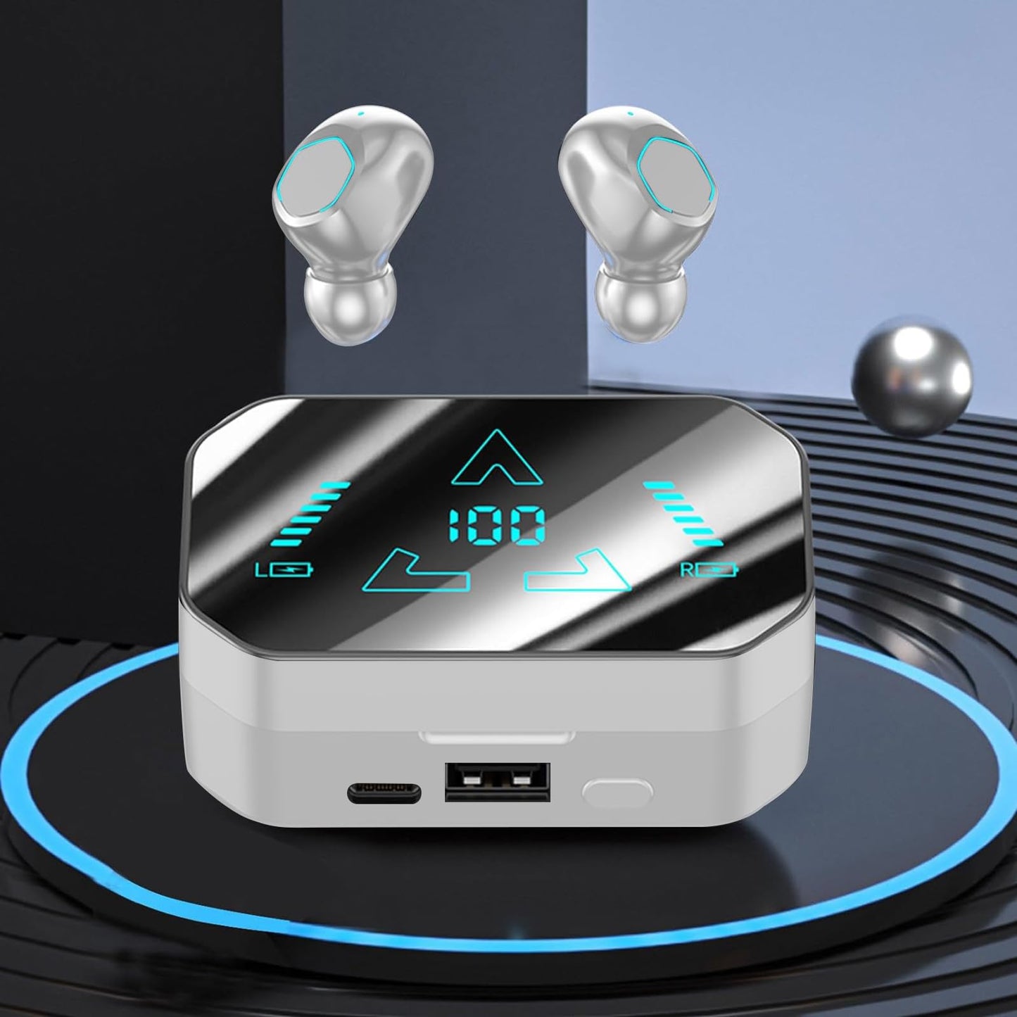 Bluetooth austiņas - bezvadu Bluetooth 5.3, HiFi stereo, IP4 ūdensizturīgas, skārienvadība, LED uzlādes kārba (balta)
