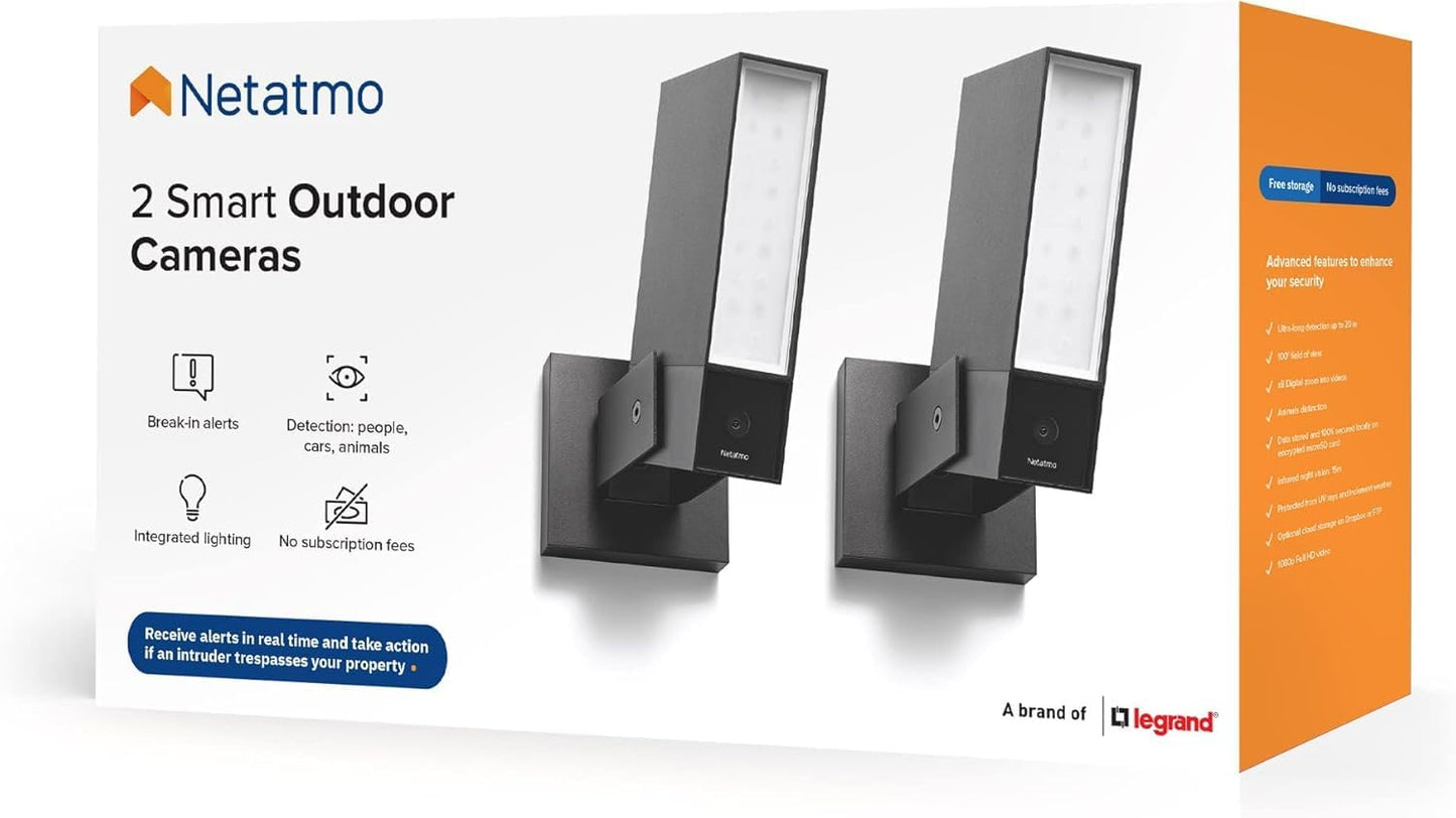 Netatmo 2 gabalu āra kameras, integrēta apgaismojums, cilvēku atpazīšana, 1920p, automašīnas un dzīvnieki, alumīnijs melns, NBU-2-NOC-AMZ