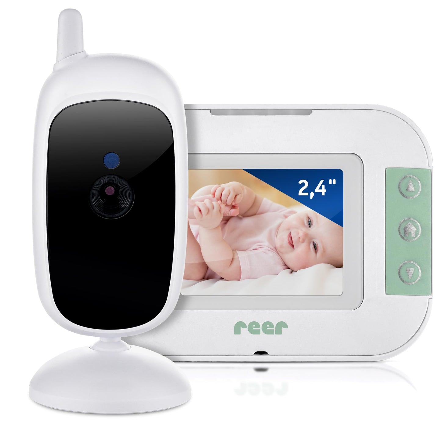 Bērnu video monitors Reer BabyCam S ar kameru, 2,4 collu displeju, darbības rādiusu 300 m, balts/tirkīzs