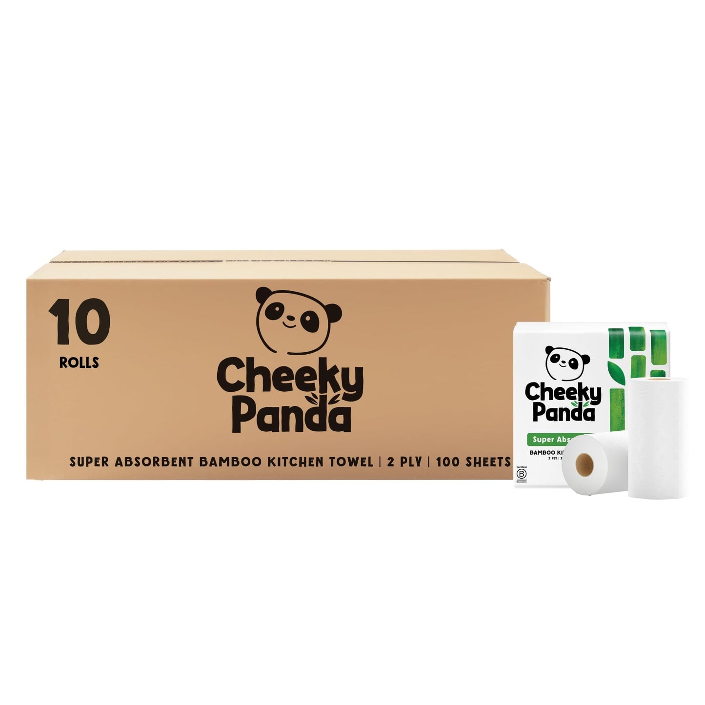 Virtuves papīra dvieļi The Cheeky Panda, bambusa, 10 ruļļi, 1000 loksnes, 2 slāņi, ļoti uzsūcoši