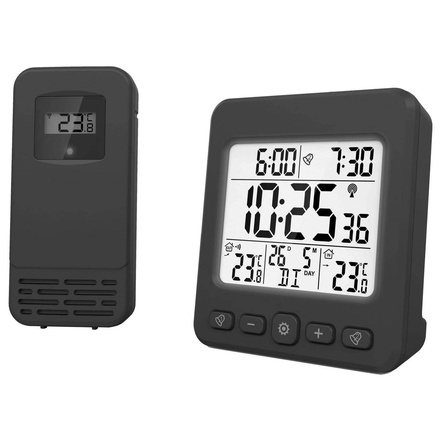 Radio vadāma laikstacija Miraval LCD ar āra sensoru, modinātājs, radiostunda, kalendārs, datums, 2 modinātāji, izgaismots displejs, melna