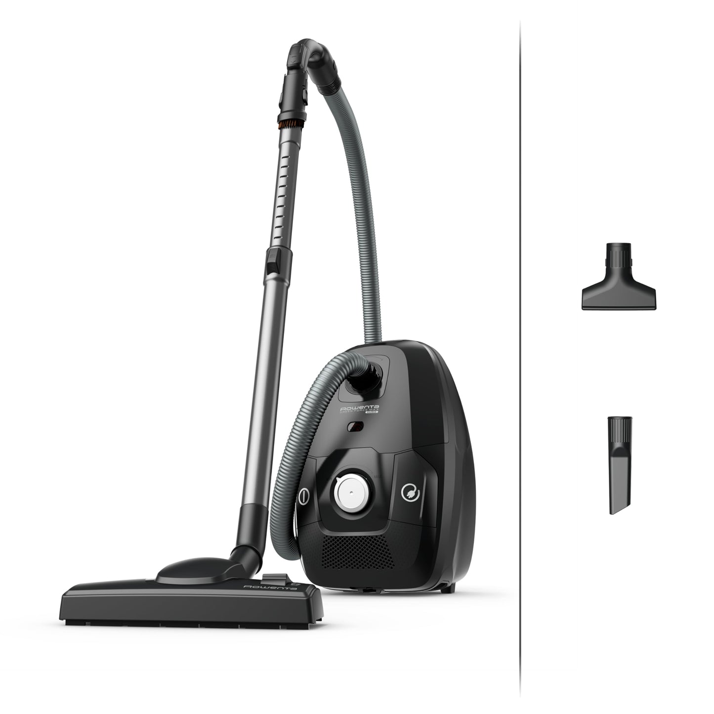 Rowenta Green Force Max Silence Vacuum - 900W, 4.5L bag, 99.98% HEPA filtration, 12m range, compact design, accessories included.