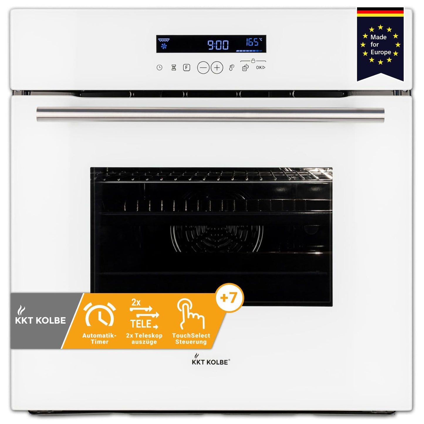 Elektriskā cepeškrāsns KKT KOLBE 60 cm balta, autarkiska, 70L, 3,2kW, grils, cirkulācija, karstā gaisa funkcija, teleskopiskās vadotnes, automātiskais taimeris, siltumizturīgs stikls, EB8015W