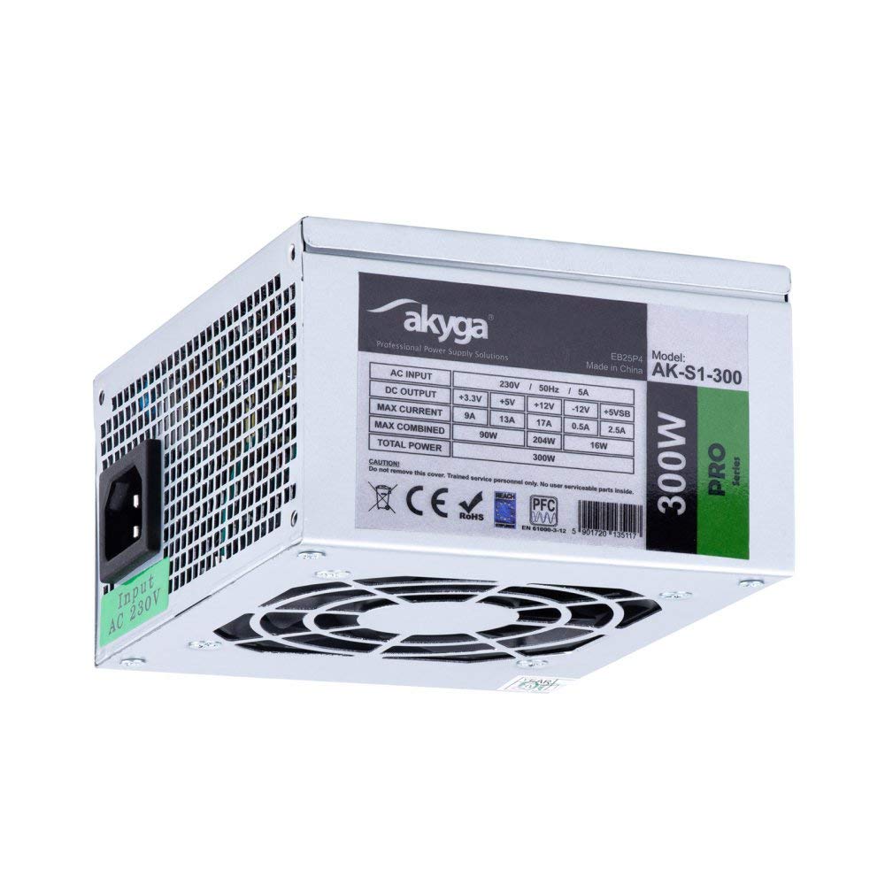 AKYGA AK-S1-300 SFX Power Supply 300W PPFC, P4, 2X SATA, 2X Molex, 12cm Fan