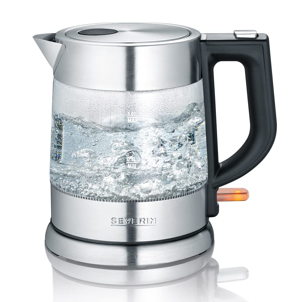 SEVERIN stikla tējkanna - 1,0L, kompakta, elektriskā, ar kaļķu filtru, nerūsējošais tērauds/melns, WK 3468